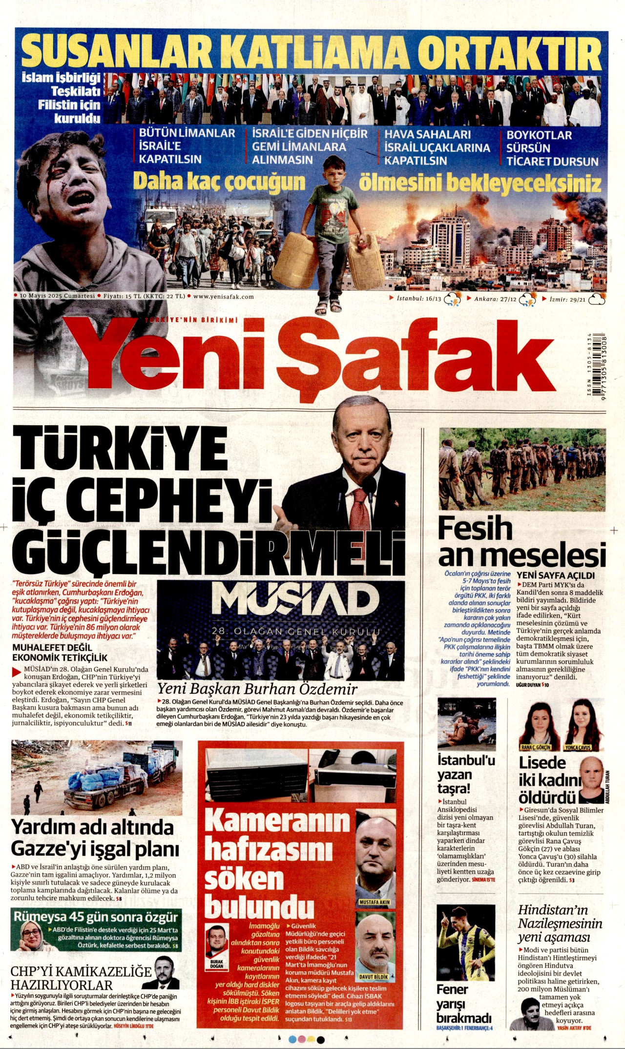 YENİ ŞAFAK gazetesinin 10 Mayıs 2025 tarihli birinci sayfası