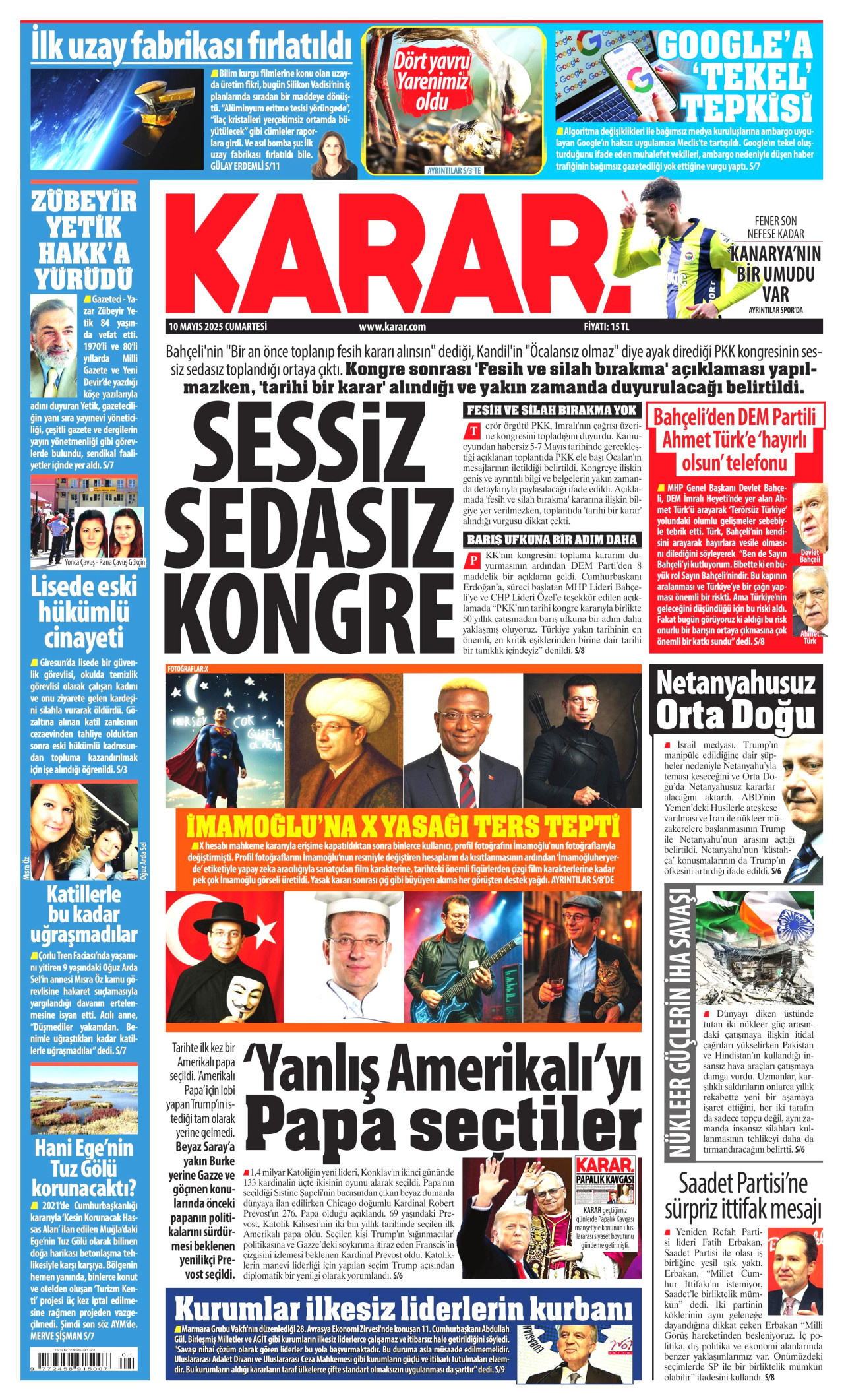 KARAR gazetesinin 10 Mayıs 2025 tarihli birinci sayfası