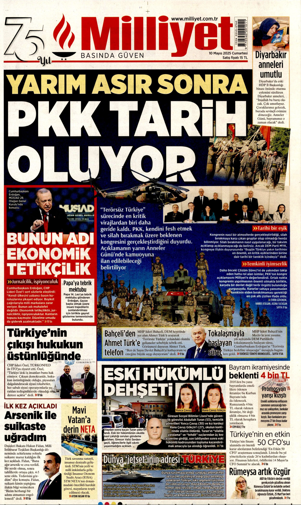 MİLLİYET gazetesinin 10 Mayıs 2025 tarihli birinci sayfası
