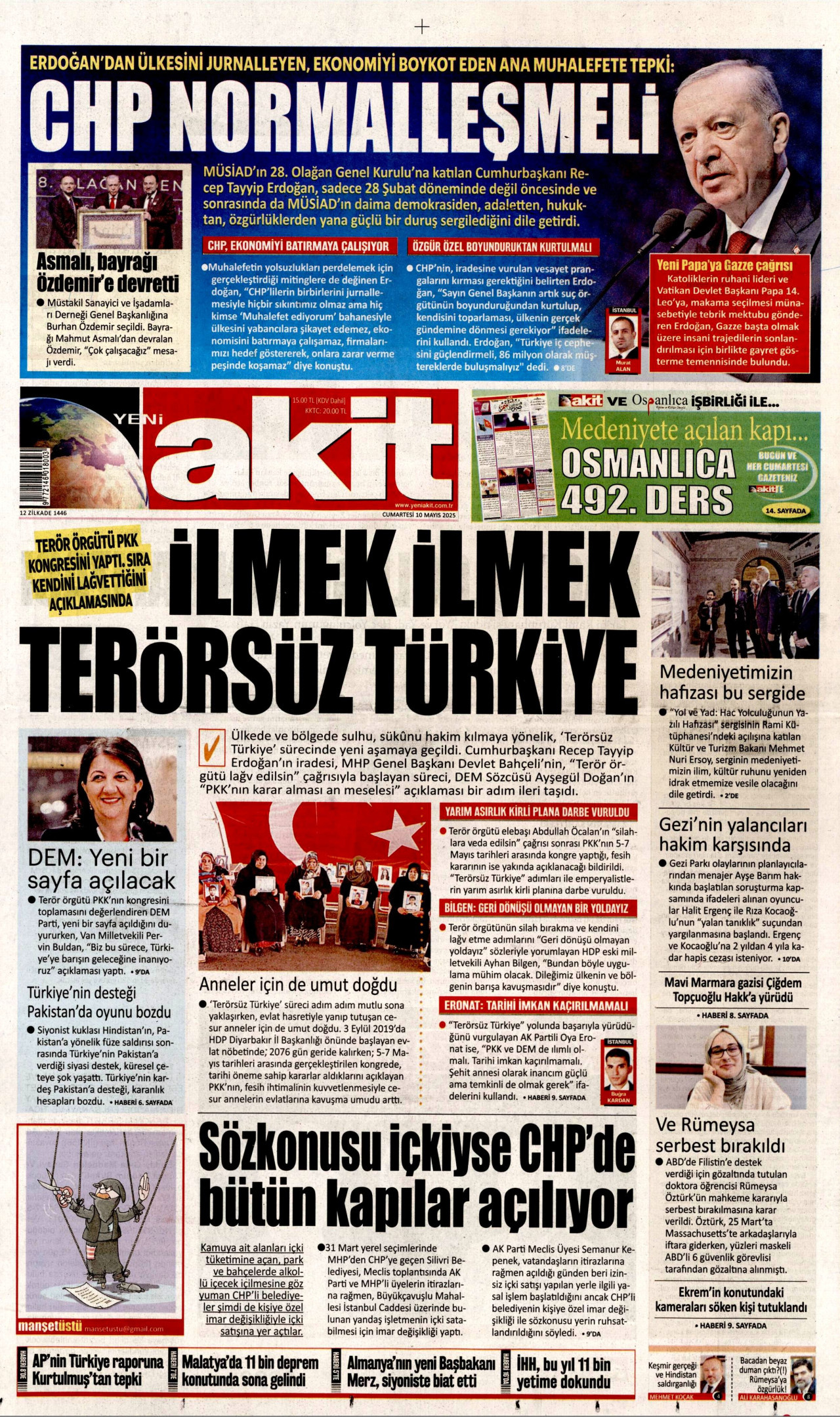 YENİ AKİT gazetesinin 10 Mayıs 2025 tarihli birinci sayfası