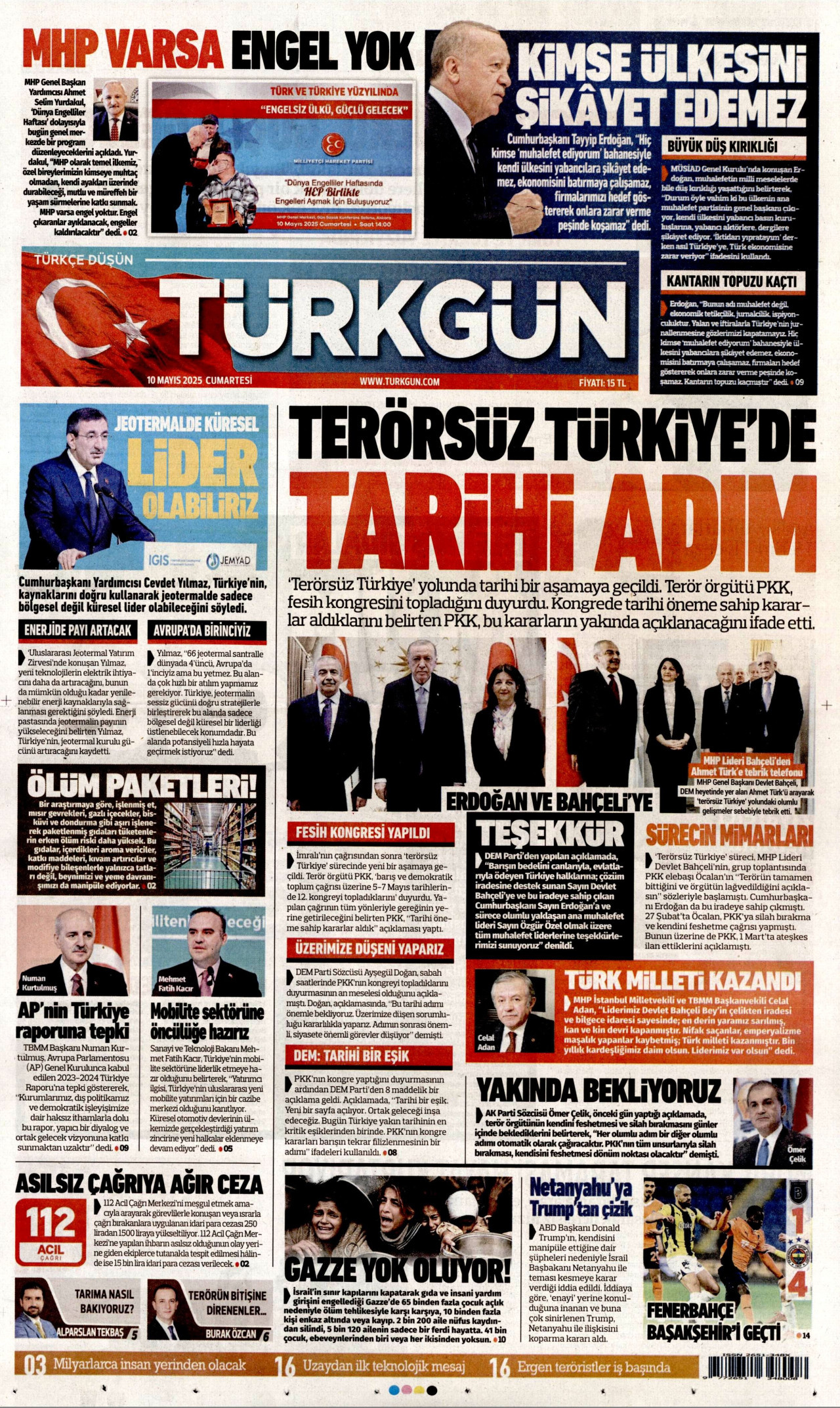 TÜRKGÜN gazetesinin 10 Mayıs 2025 tarihli birinci sayfası