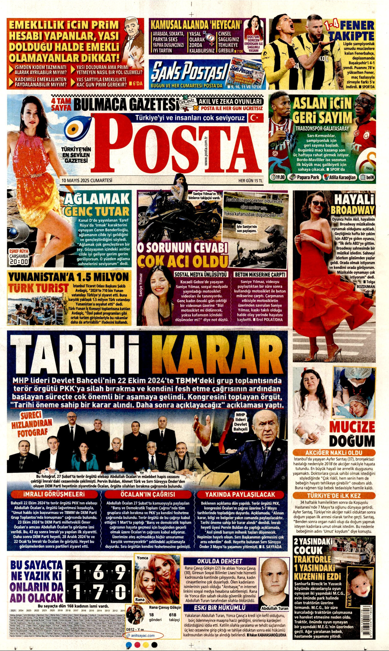 POSTA gazetesinin 10 Mayıs 2025 tarihli birinci sayfası