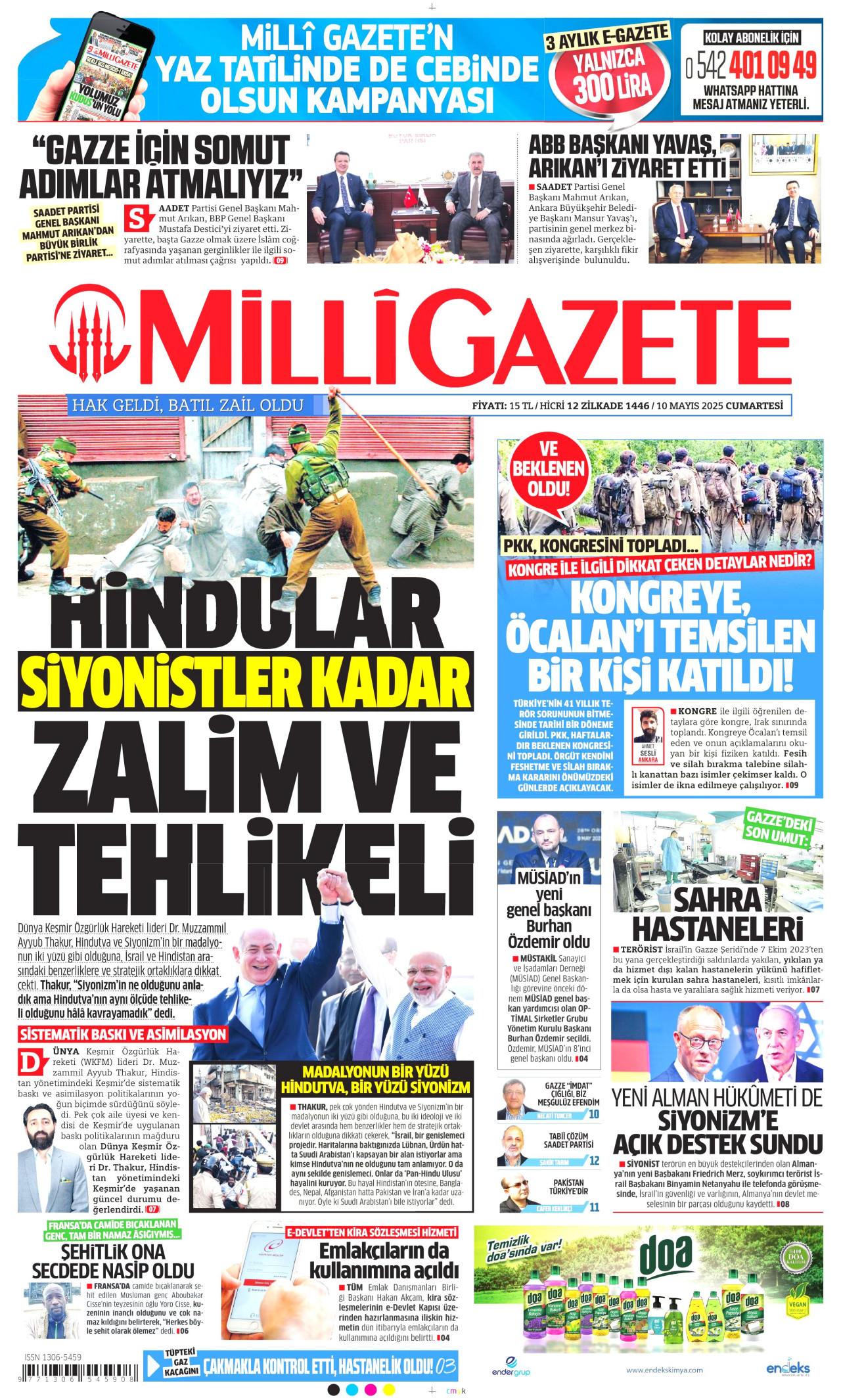 MİLLİ GAZETE gazetesinin 10 Mayıs 2025 tarihli birinci sayfası