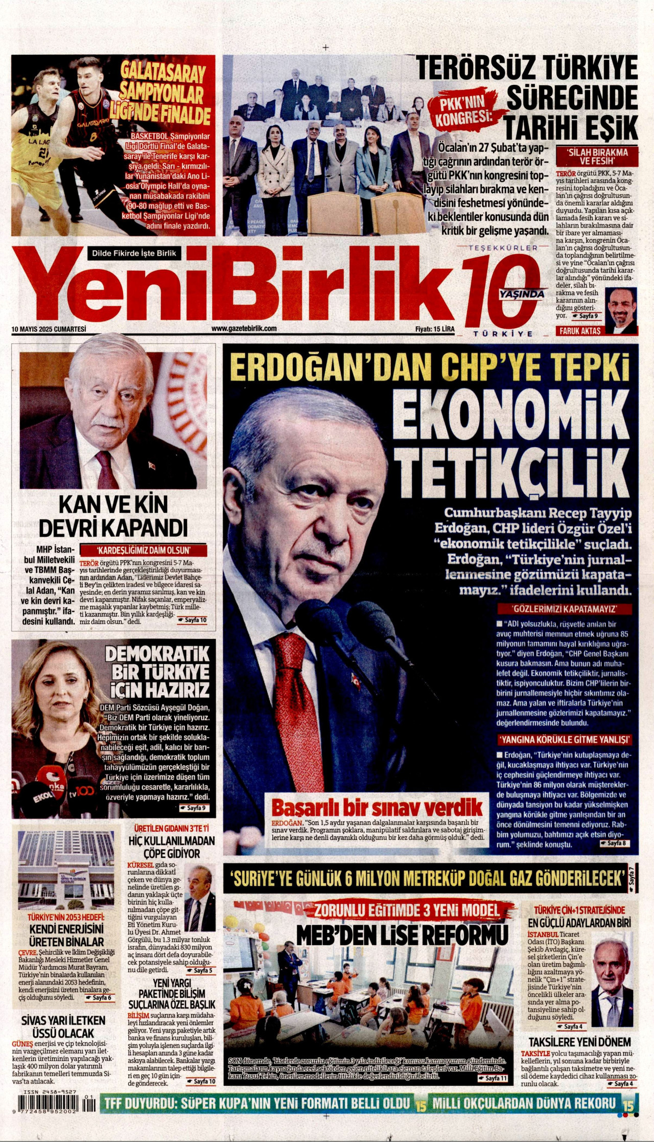 YENİBİRLİK gazetesinin 10 Mayıs 2025 tarihli birinci sayfası