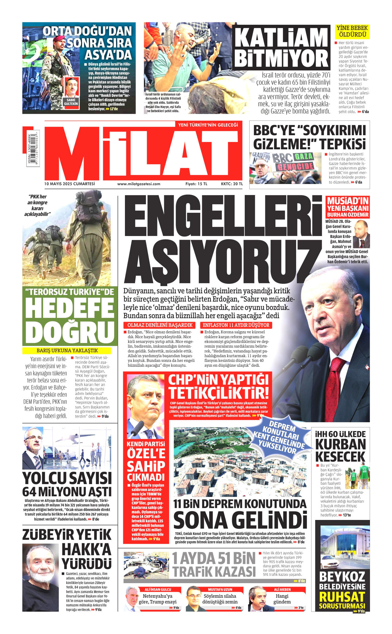MİLAT gazetesinin 10 Mayıs 2025 tarihli birinci sayfası