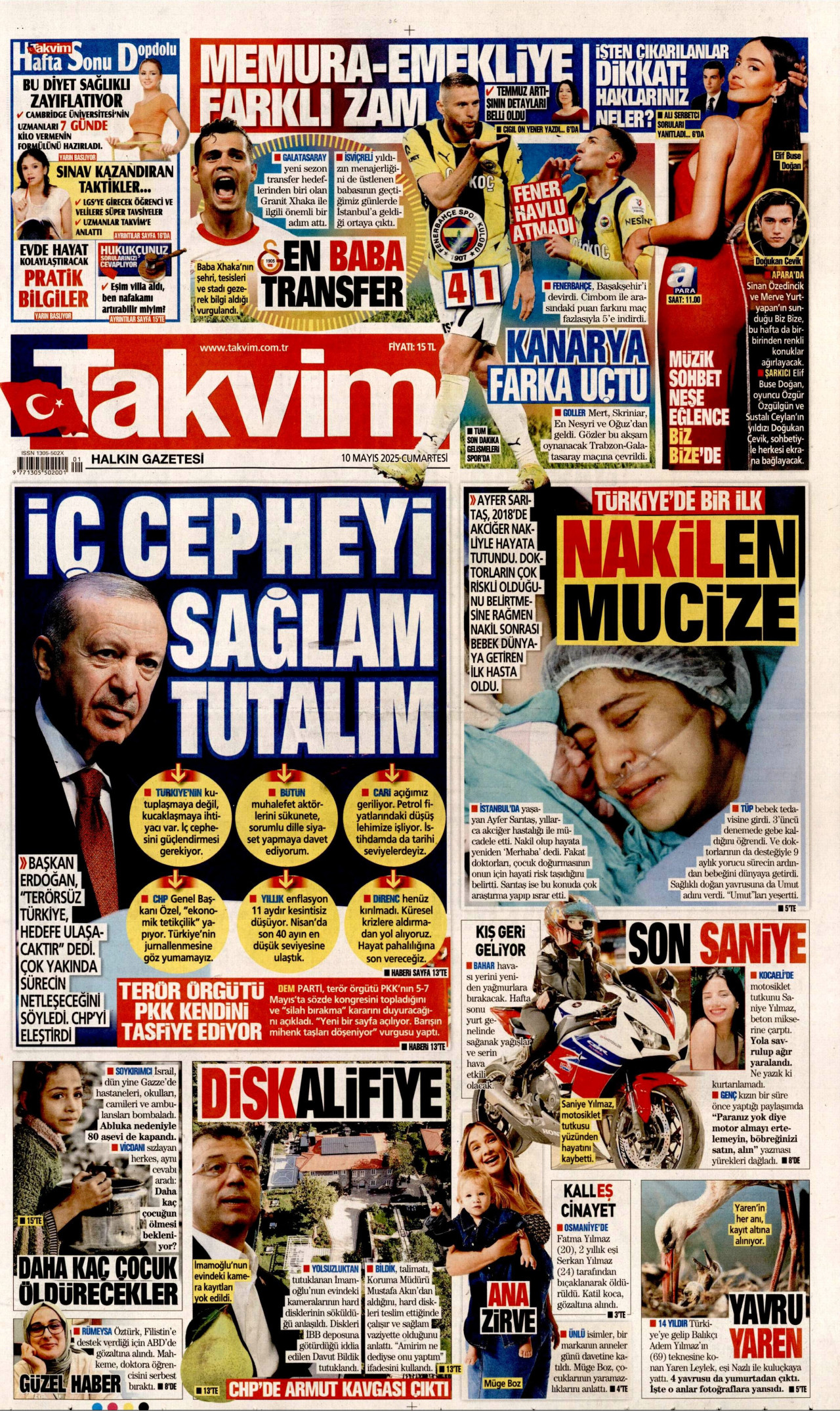 TAKVİM gazetesinin 10 Mayıs 2025 tarihli birinci sayfası