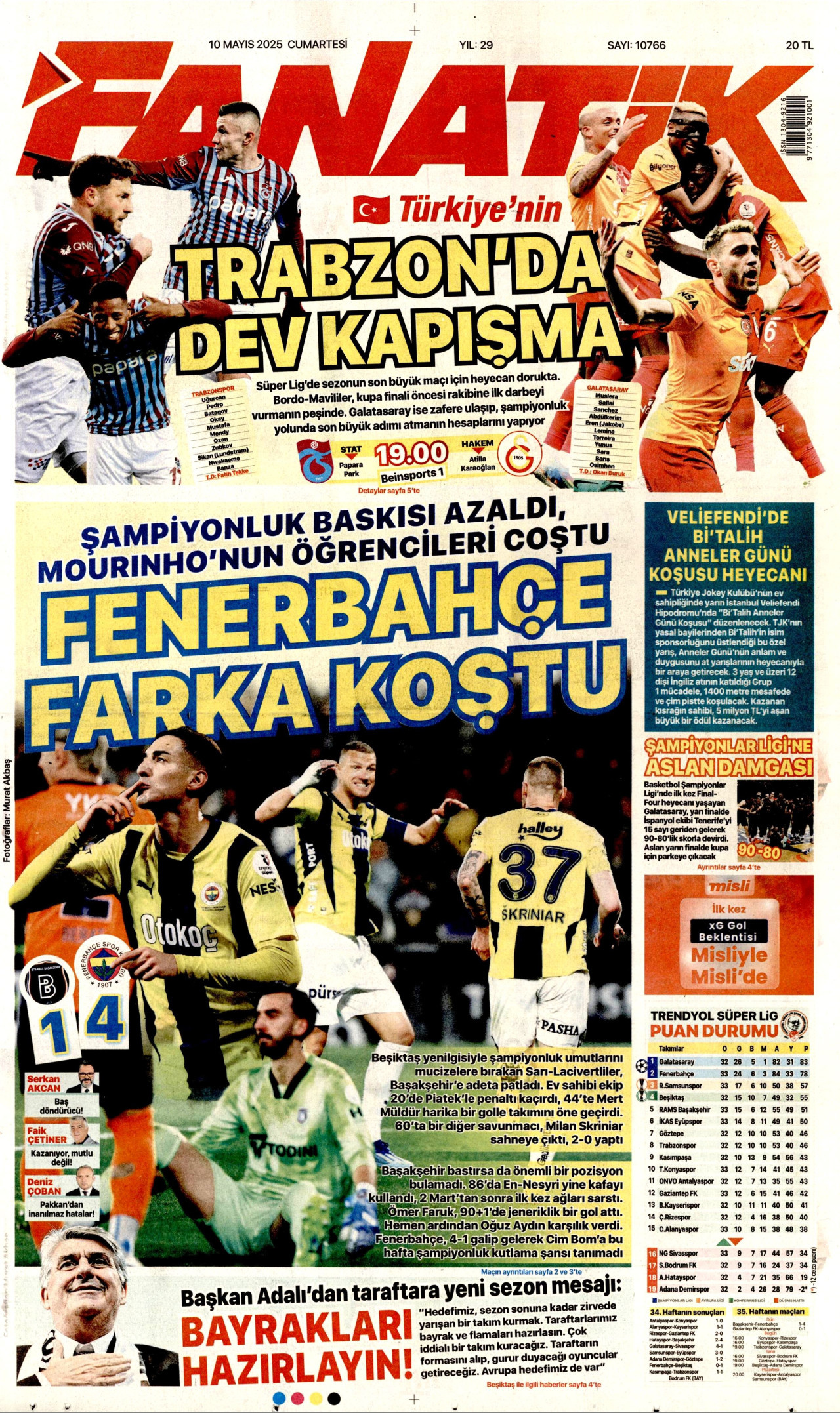 FANATİK gazetesinin 10 Mayıs 2025 tarihli birinci sayfası