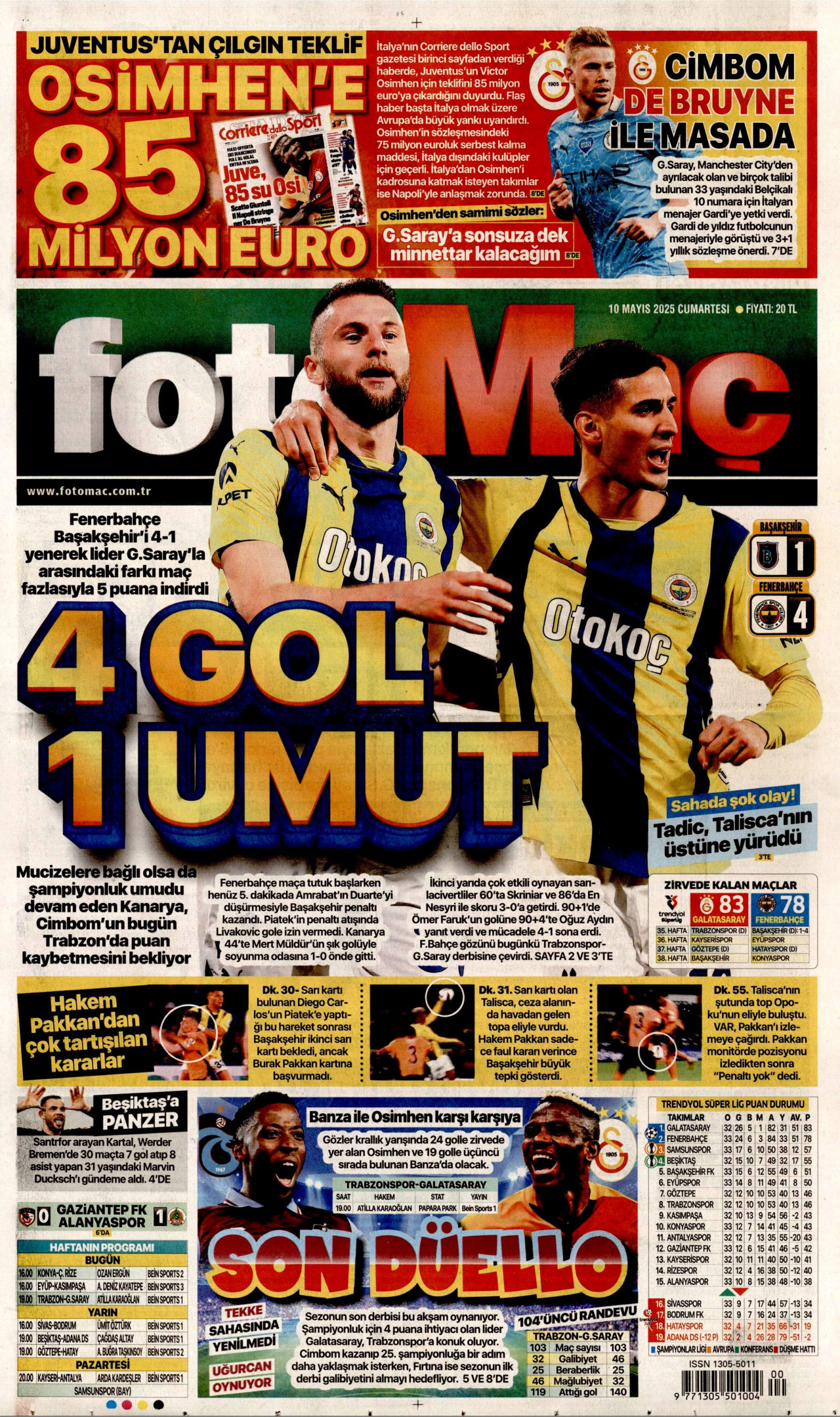 FOTOMAÇ gazetesinin 10 Mayıs 2025 tarihli birinci sayfası