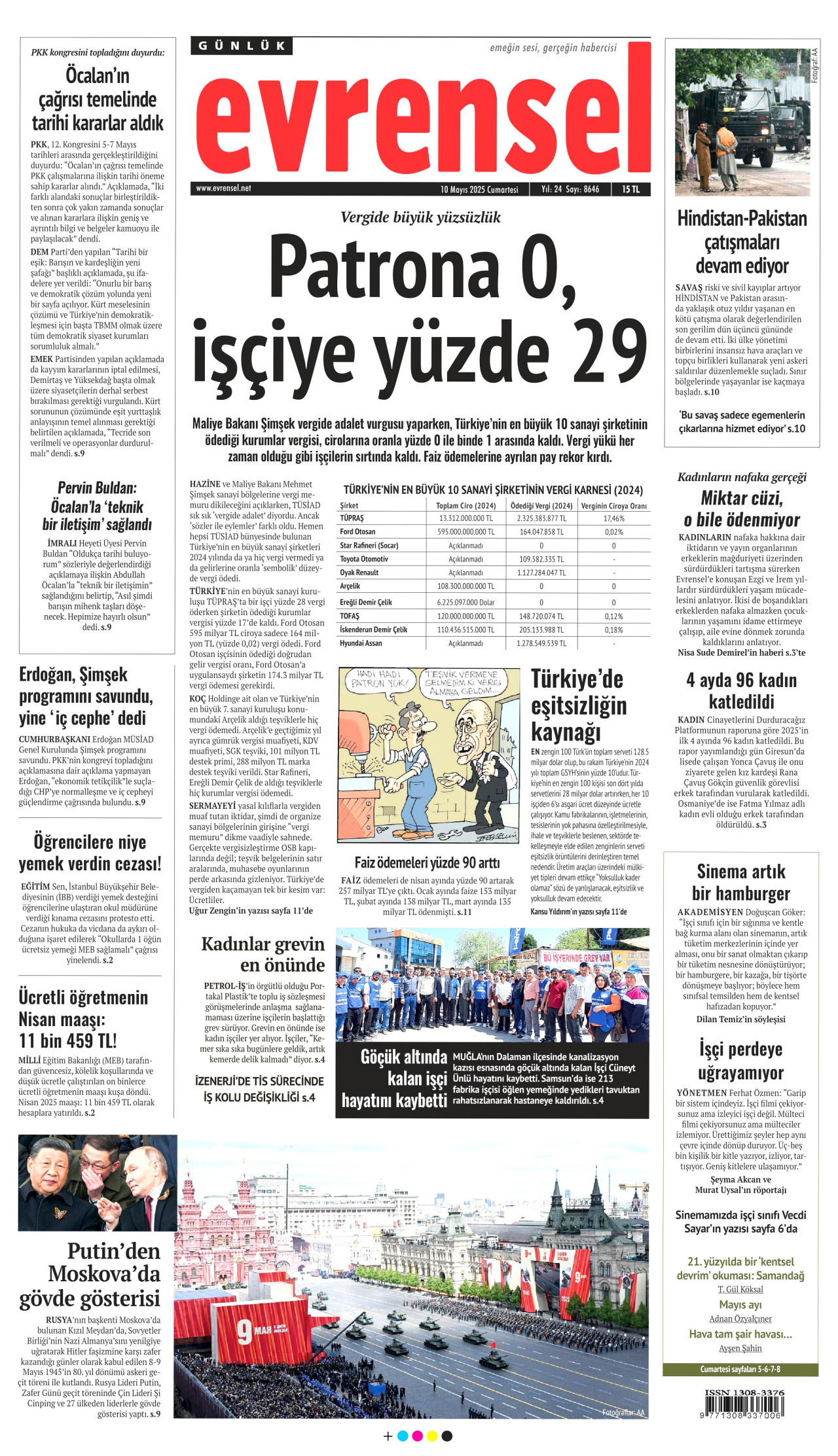 EVRENSEL gazetesinin 10 Mayıs 2025 tarihli birinci sayfası
