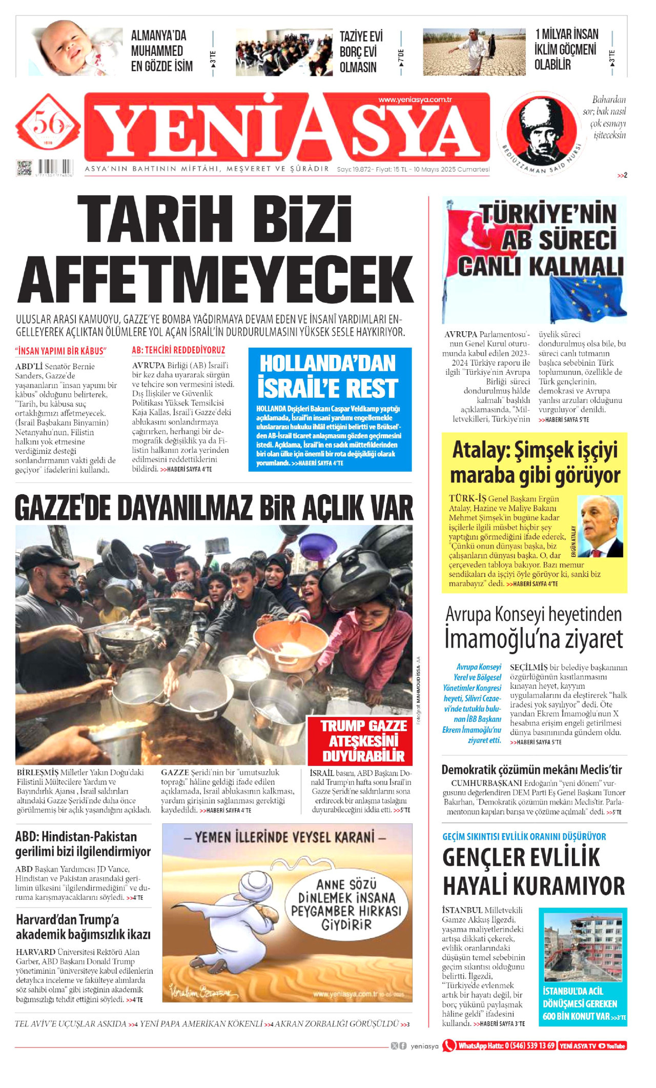 YENİ ASYA gazetesinin 10 Mayıs 2025 tarihli birinci sayfası