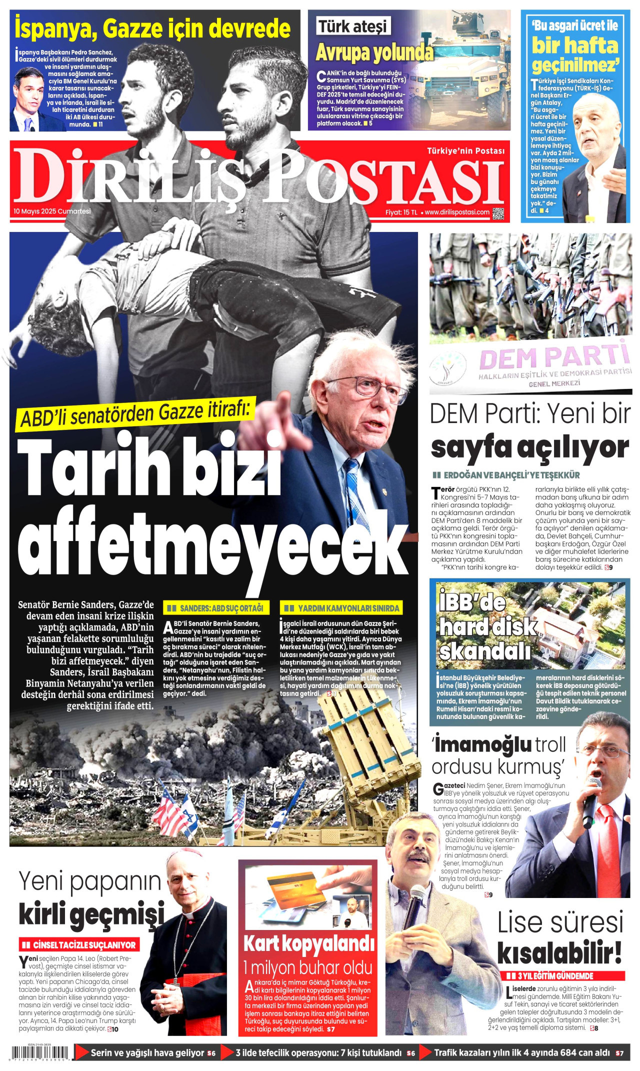 DİRİLİŞ POSTASI gazetesinin 10 Mayıs 2025 tarihli birinci sayfası