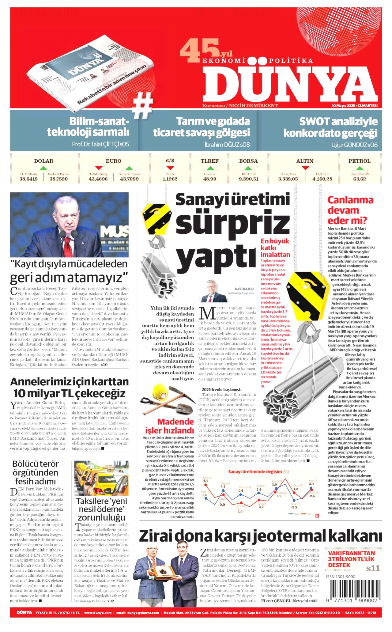 DÜNYA gazetesinin 10 Mayıs 2025 tarihli birinci sayfası