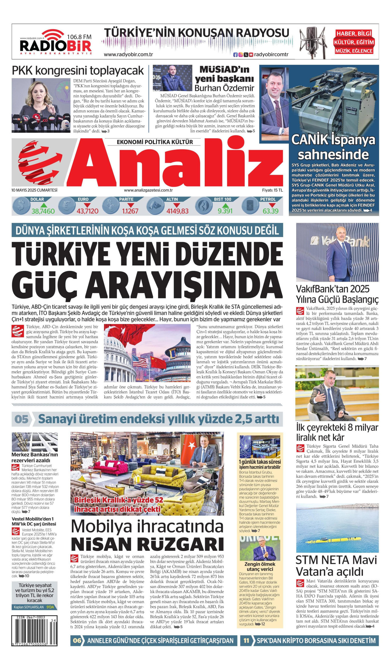 ANALİZ gazetesinin 10 Mayıs 2025 tarihli birinci sayfası
