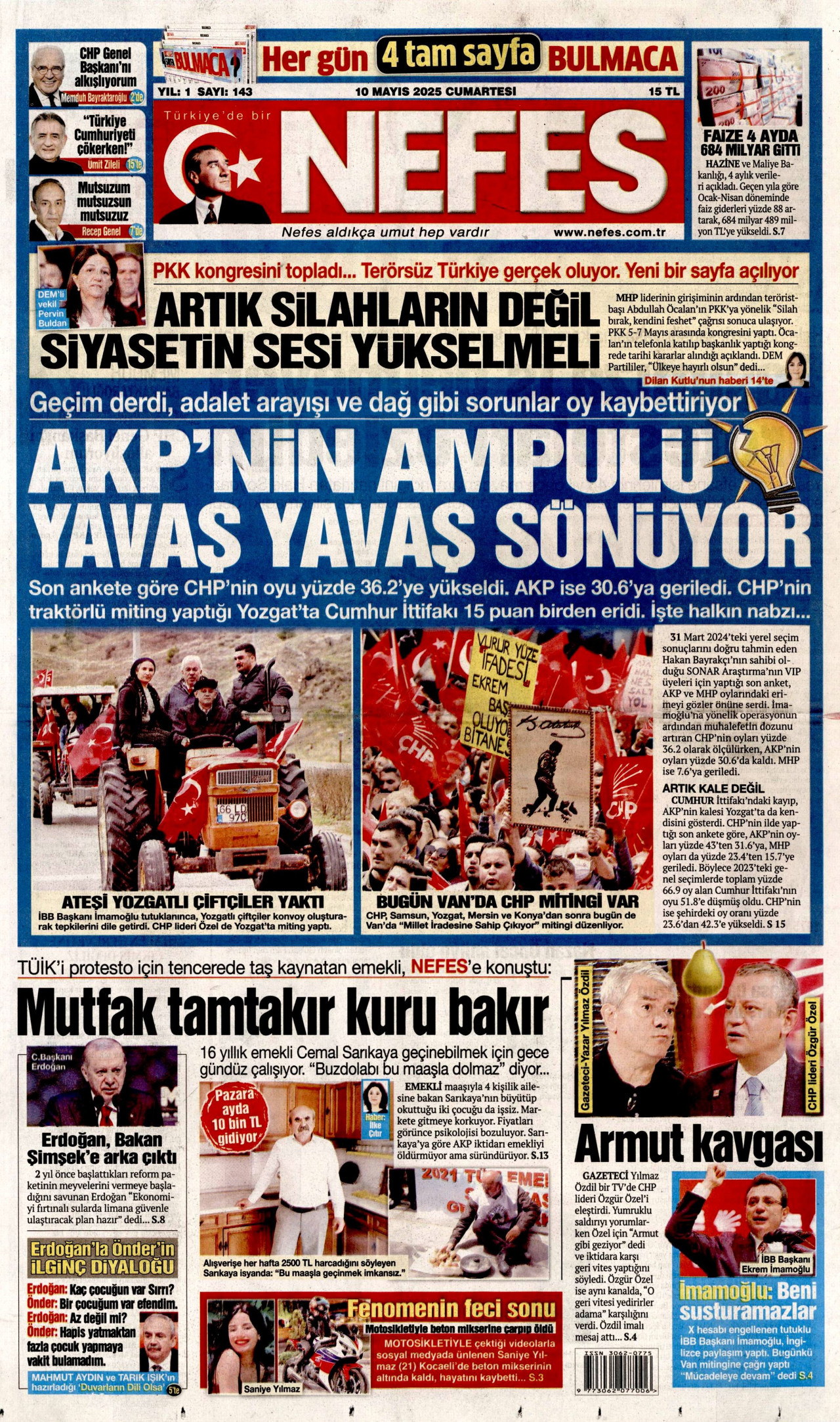 NEFES gazetesinin 10 Mayıs 2025 tarihli birinci sayfası