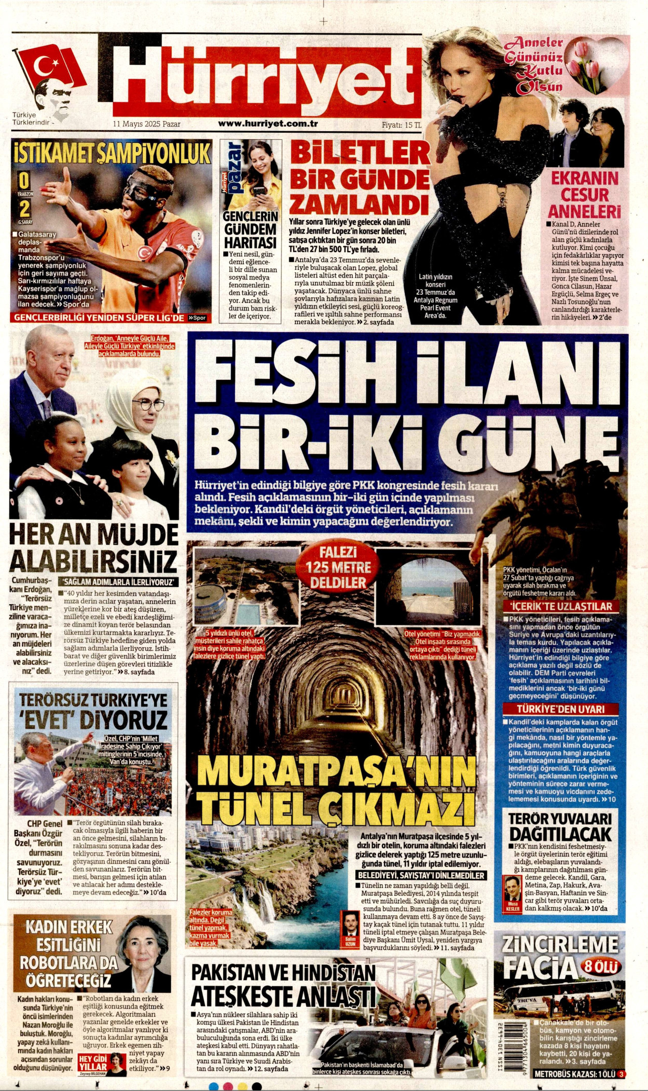 HÜRRİYET gazetesinin 11 Mayıs 2025 tarihli birinci sayfası