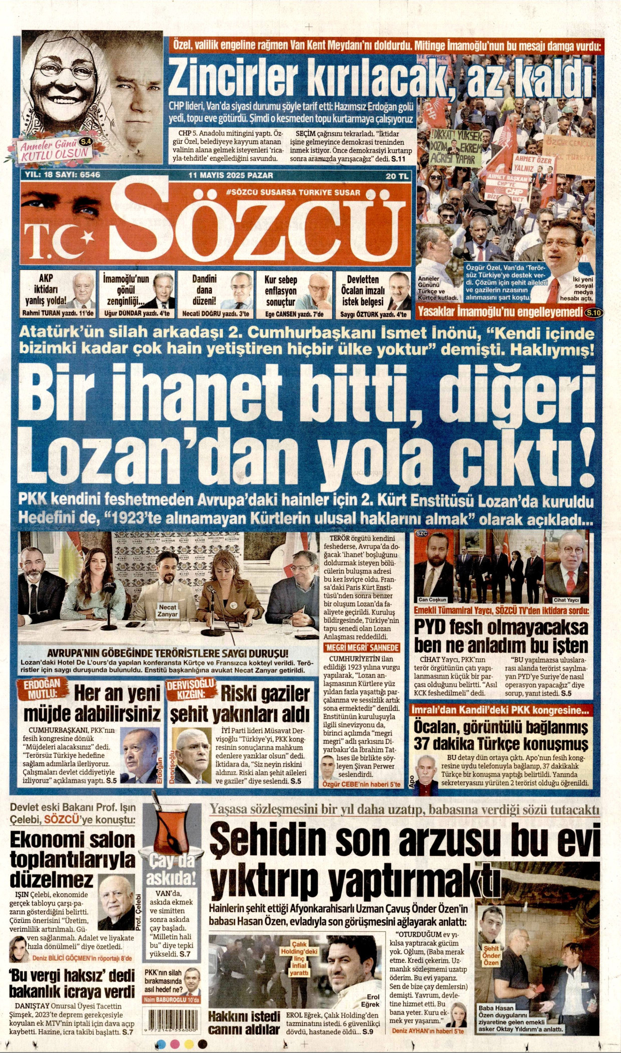 SÖZCÜ gazetesinin 11 Mayıs 2025 tarihli birinci sayfası