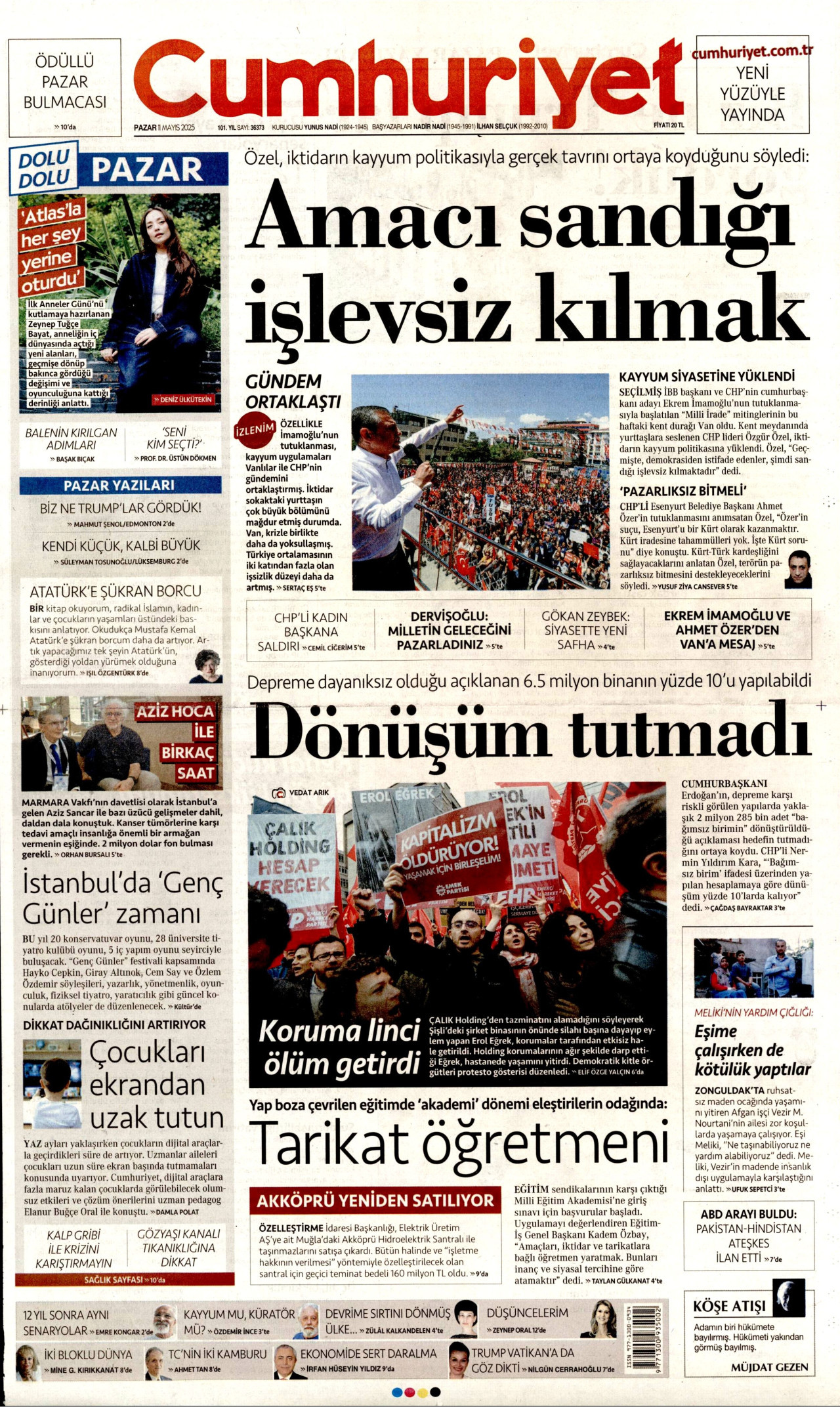 CUMHURİYET gazetesinin 11 Mayıs 2025 tarihli birinci sayfası
