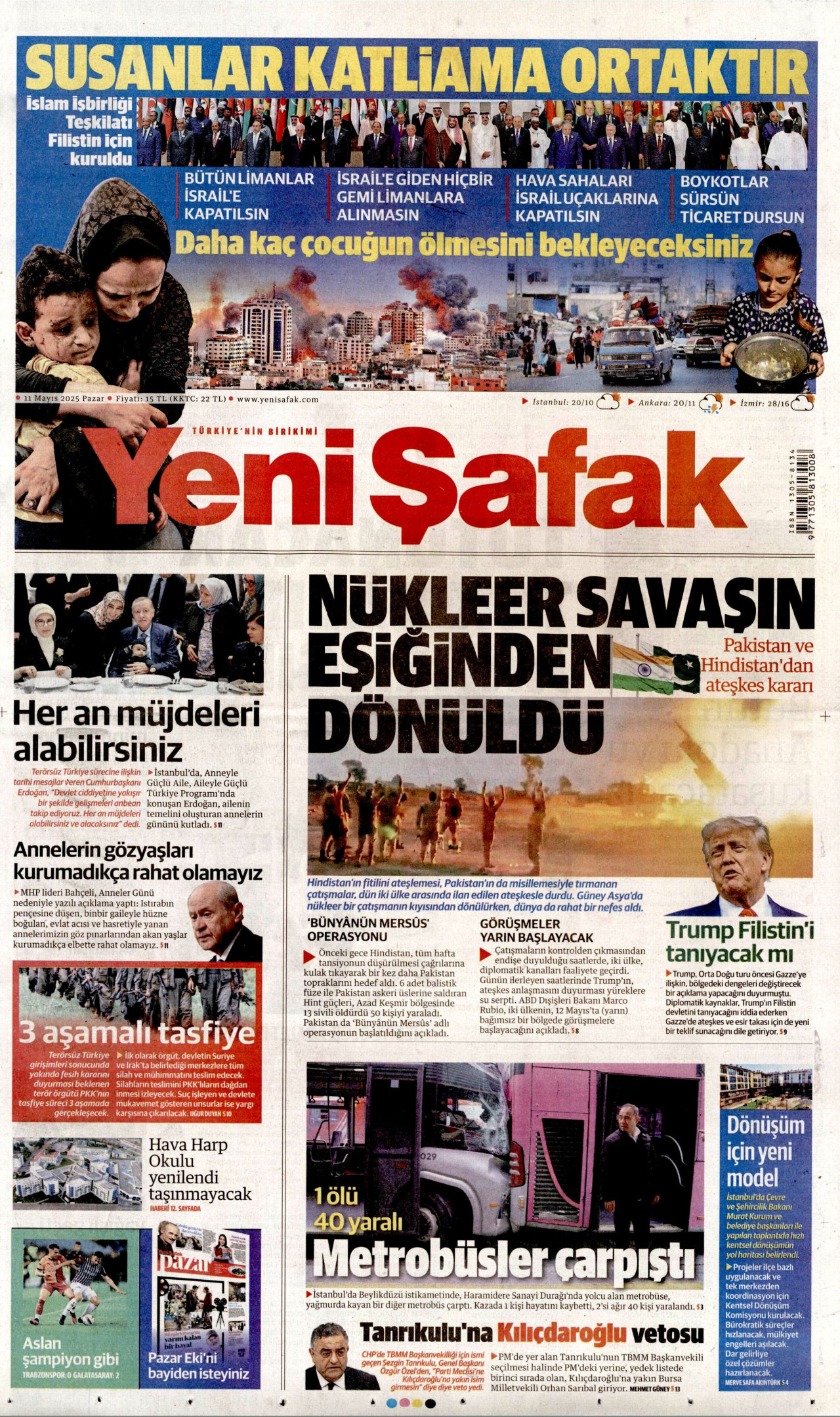 YENİ ŞAFAK gazetesinin 11 Mayıs 2025 tarihli birinci sayfası