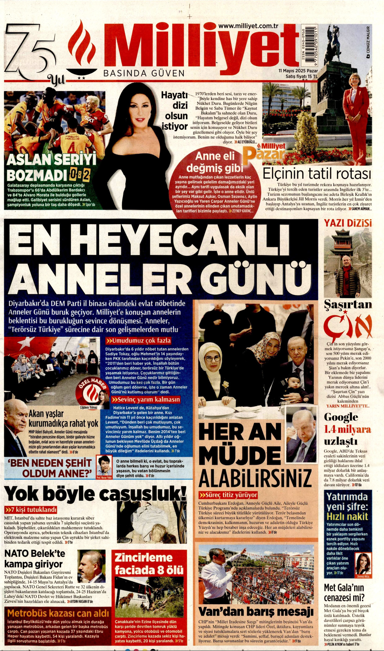 MİLLİYET gazetesinin 11 Mayıs 2025 tarihli birinci sayfası