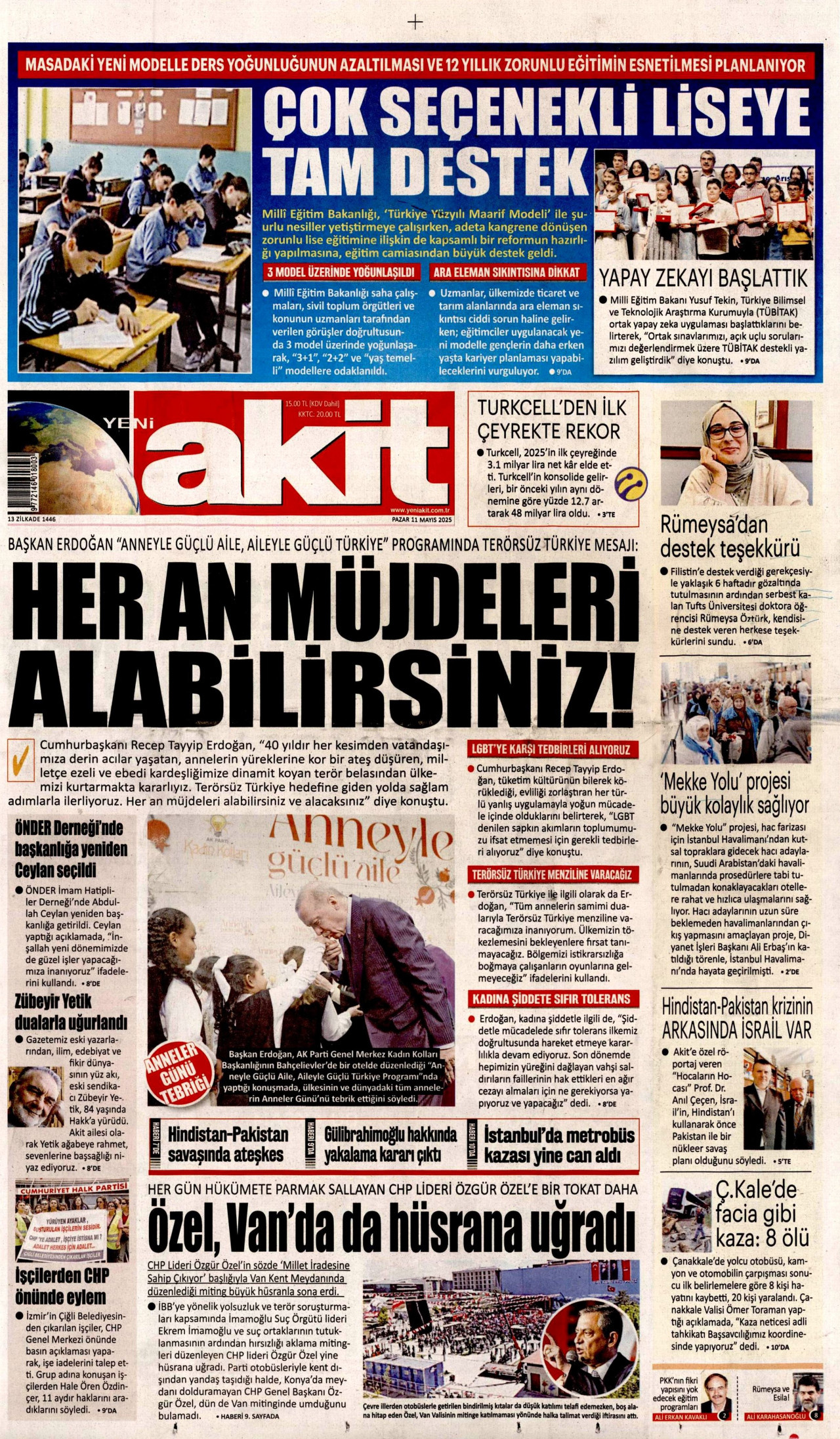 YENİ AKİT gazetesinin 11 Mayıs 2025 tarihli birinci sayfası