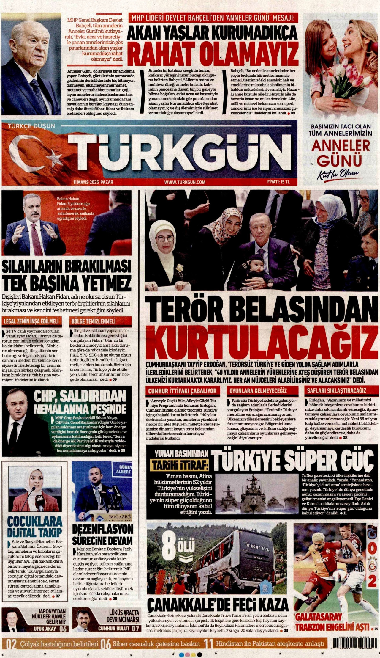 TÜRKGÜN gazetesinin 11 Mayıs 2025 tarihli birinci sayfası