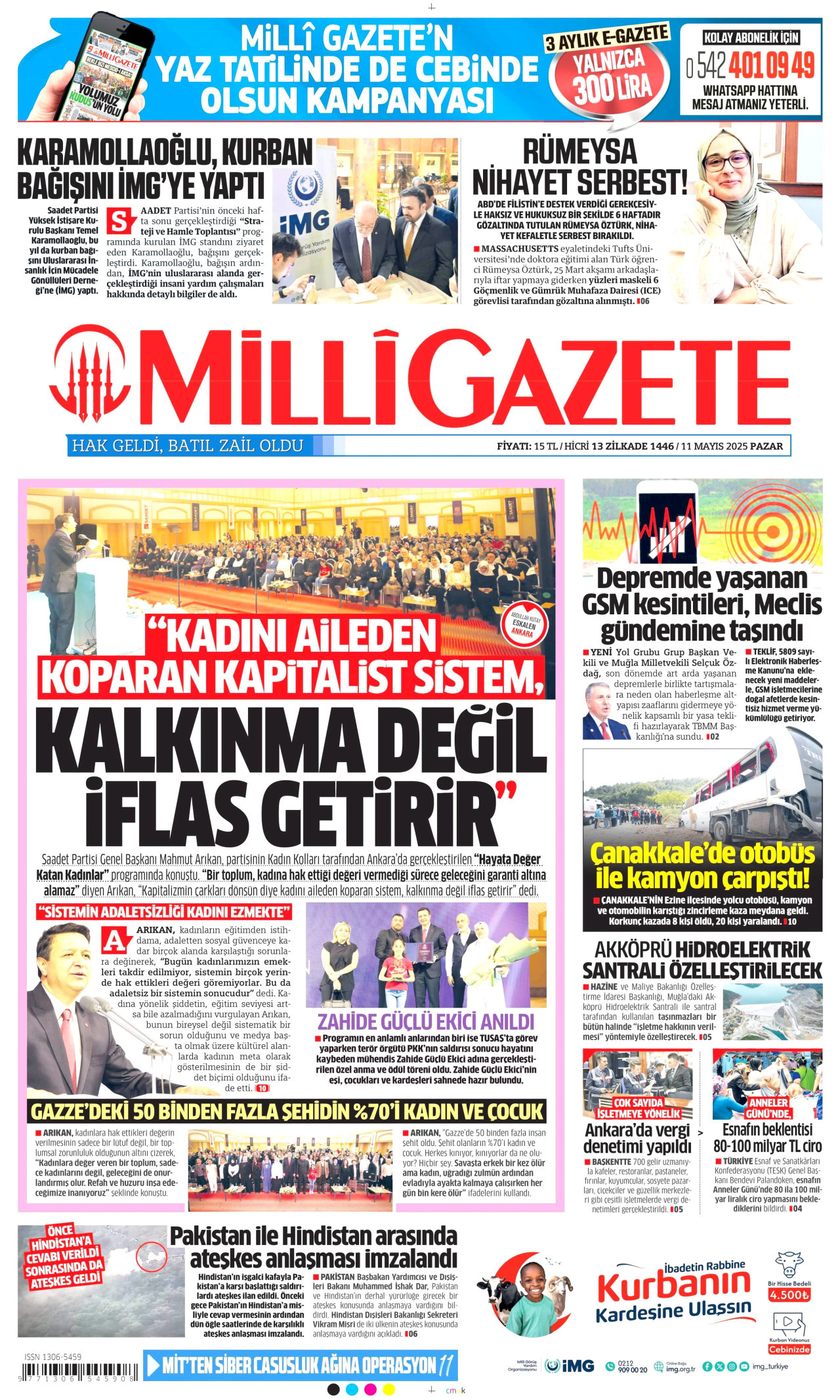 MİLLİ GAZETE gazetesinin 11 Mayıs 2025 tarihli birinci sayfası