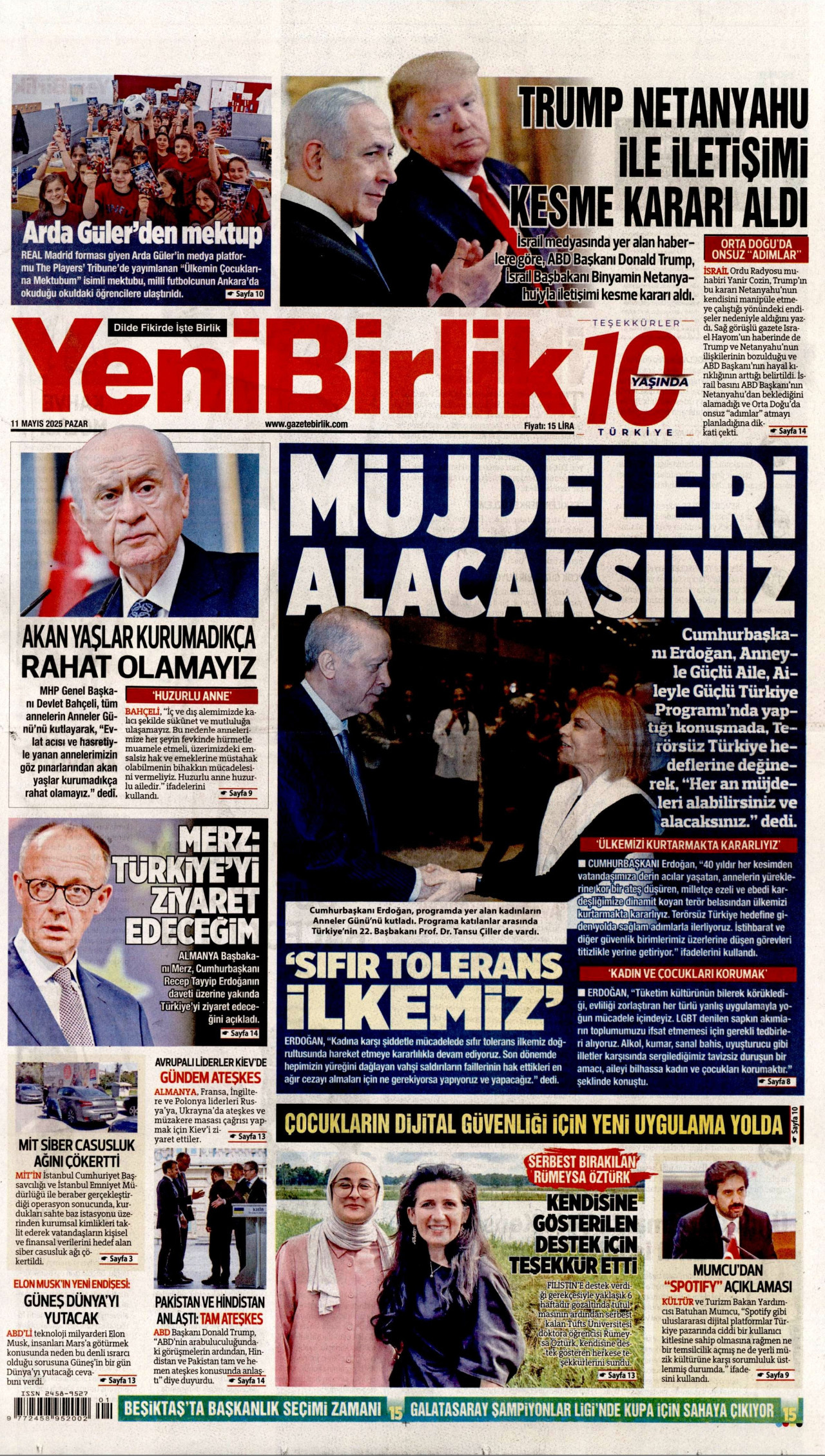 YENİBİRLİK gazetesinin 11 Mayıs 2025 tarihli birinci sayfası