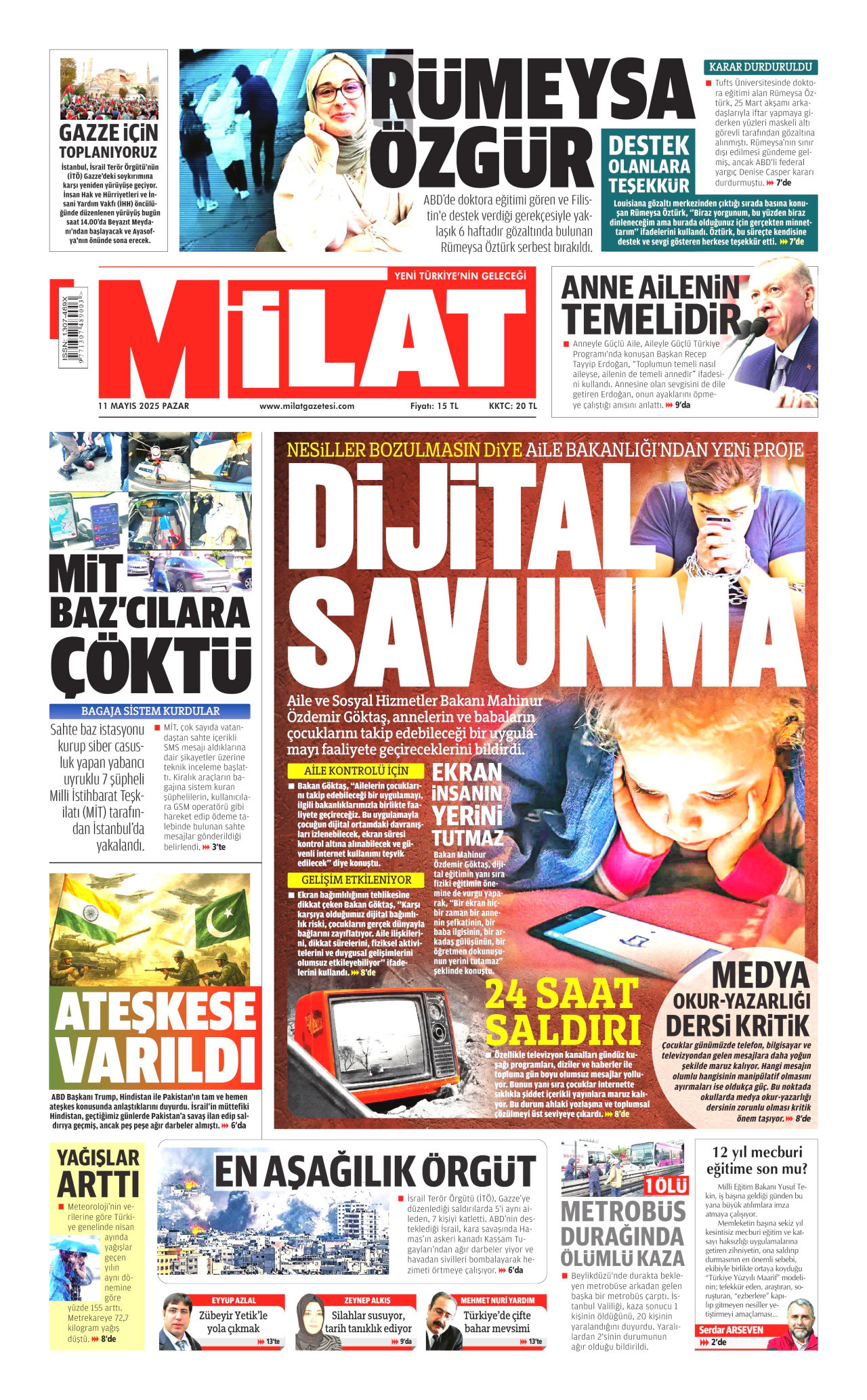 MİLAT gazetesinin 11 Mayıs 2025 tarihli birinci sayfası