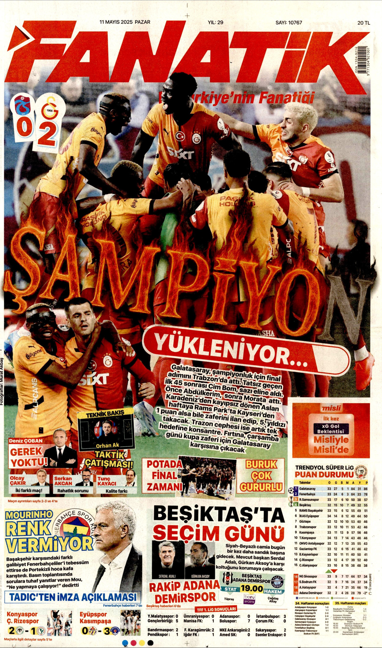 FANATİK gazetesinin 11 Mayıs 2025 tarihli birinci sayfası