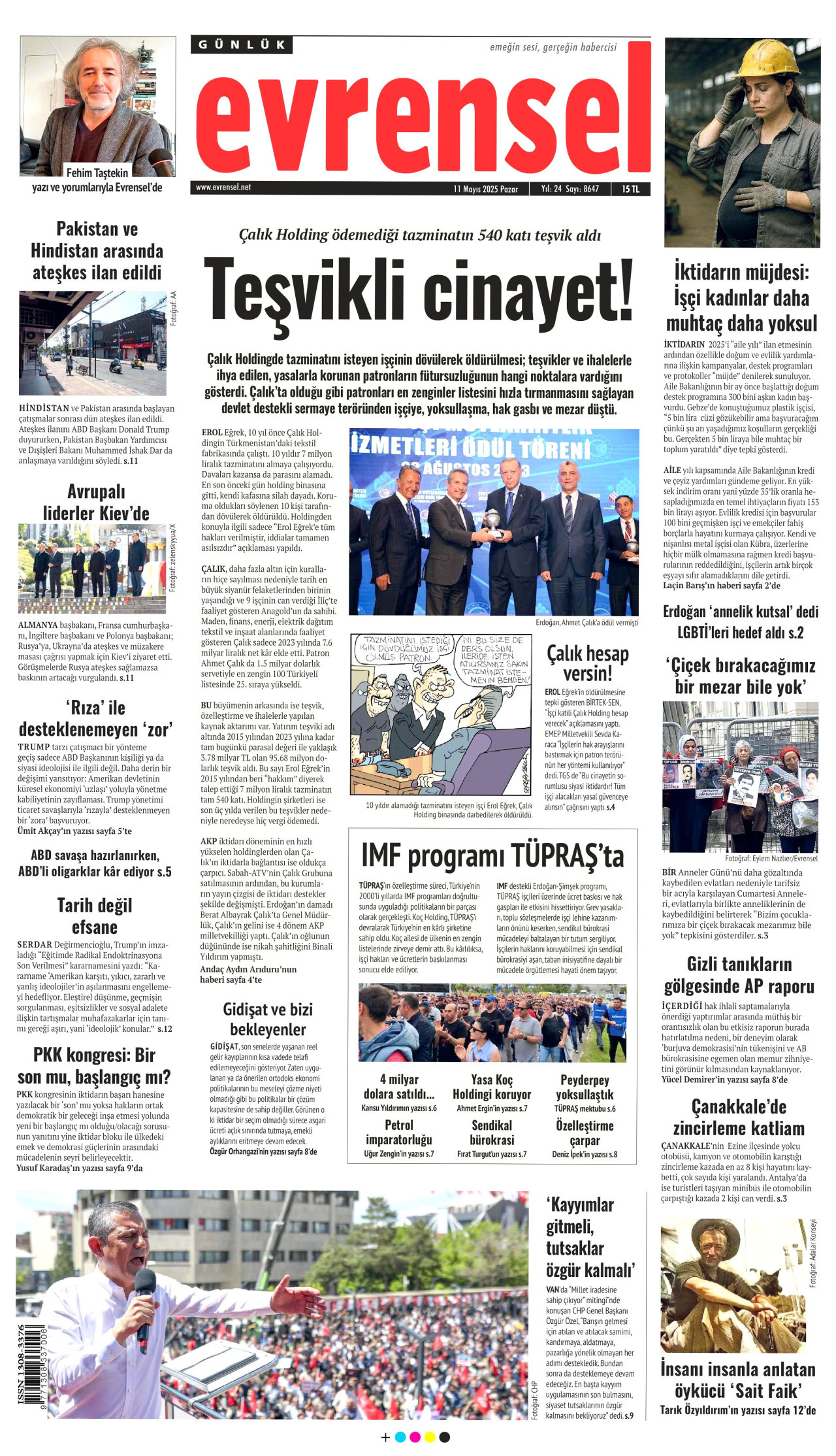 EVRENSEL gazetesinin 11 Mayıs 2025 tarihli birinci sayfası