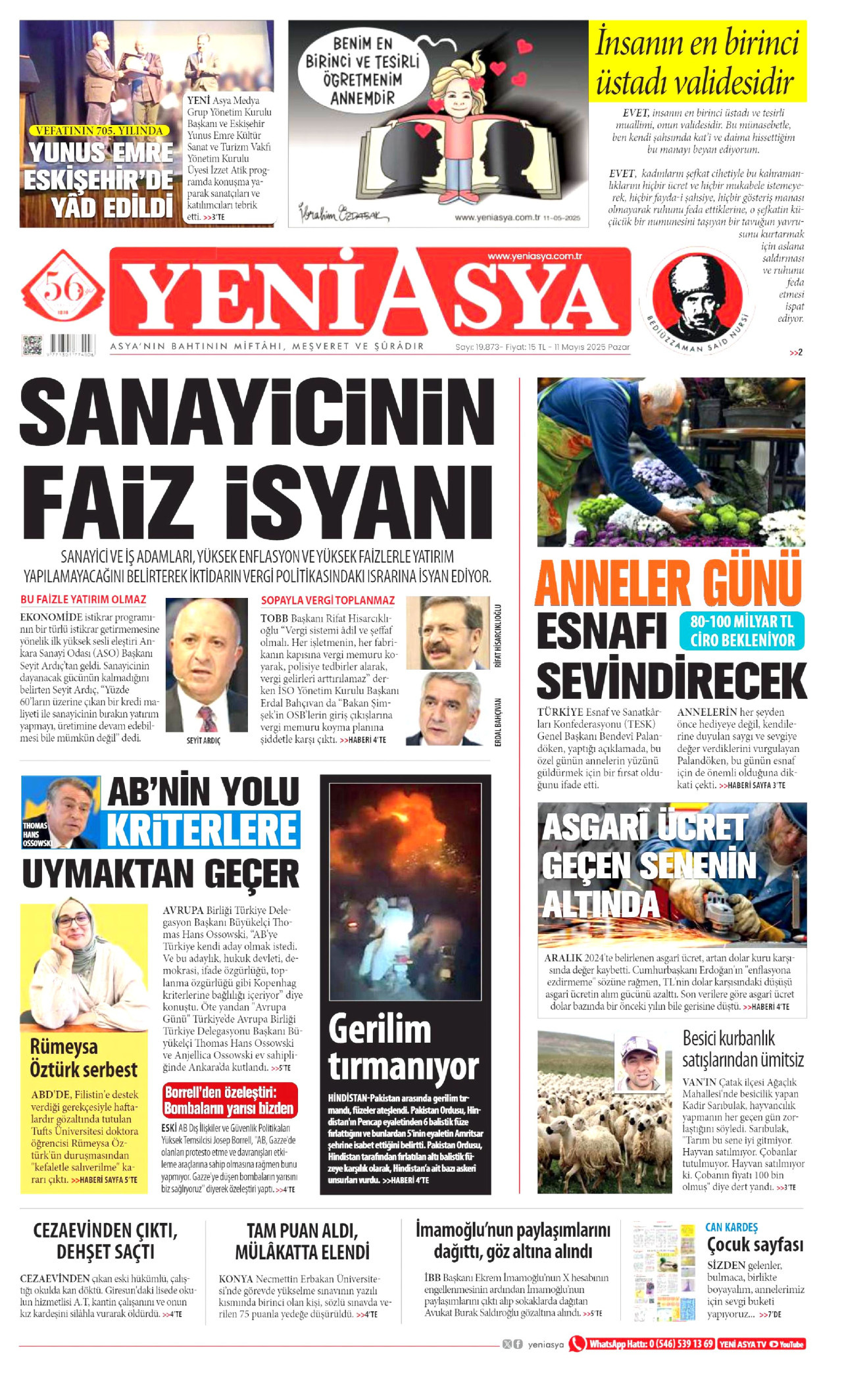 YENİ ASYA gazetesinin 11 Mayıs 2025 tarihli birinci sayfası