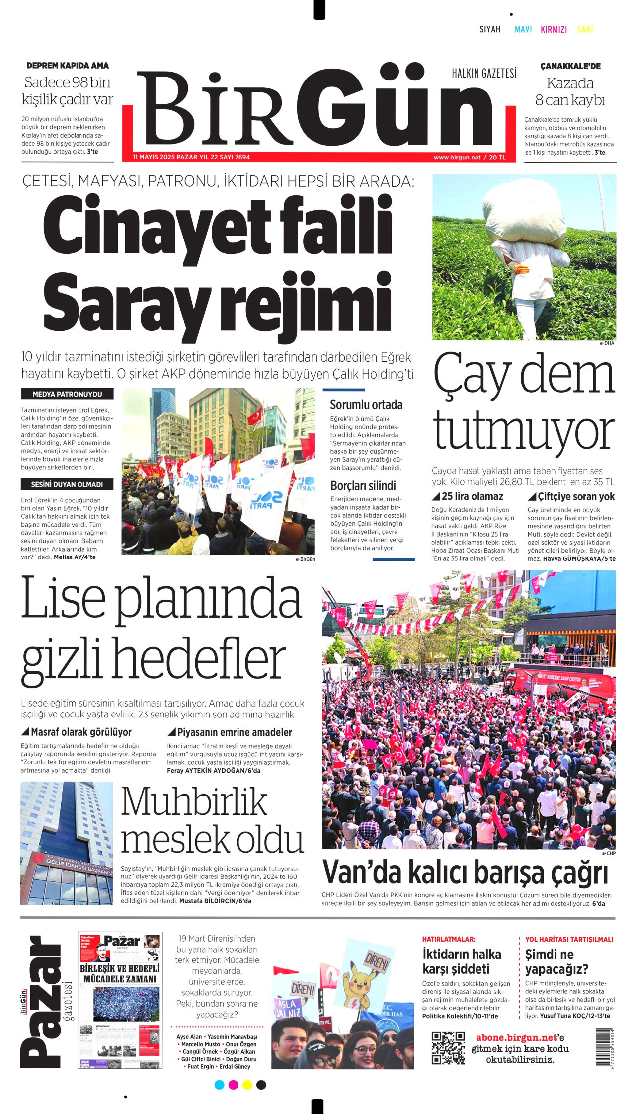 BİRGÜN gazetesinin 11 Mayıs 2025 tarihli birinci sayfası
