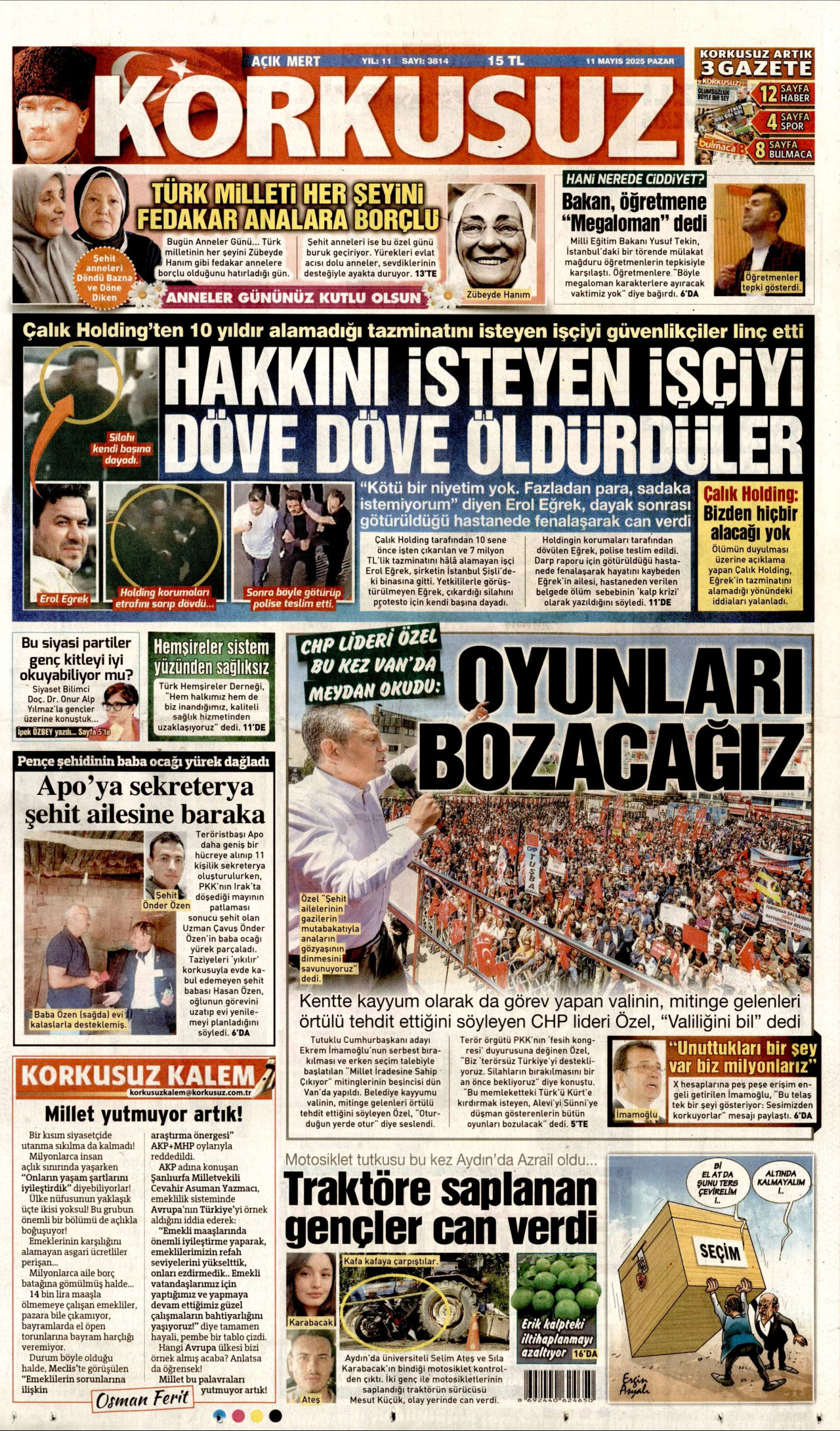 KORKUSUZ gazetesinin 11 Mayıs 2025 tarihli birinci sayfası