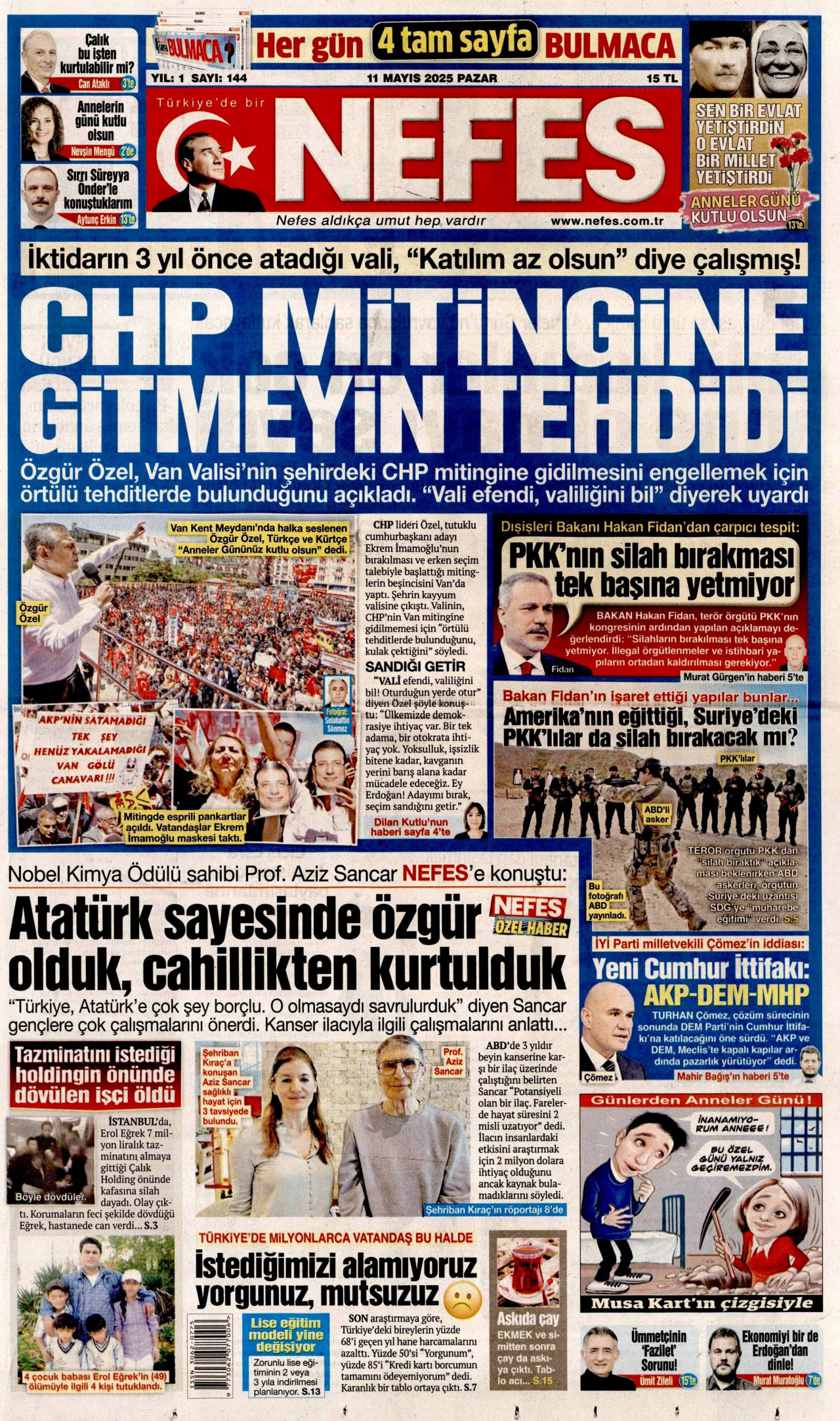 NEFES gazetesinin 11 Mayıs 2025 tarihli birinci sayfası