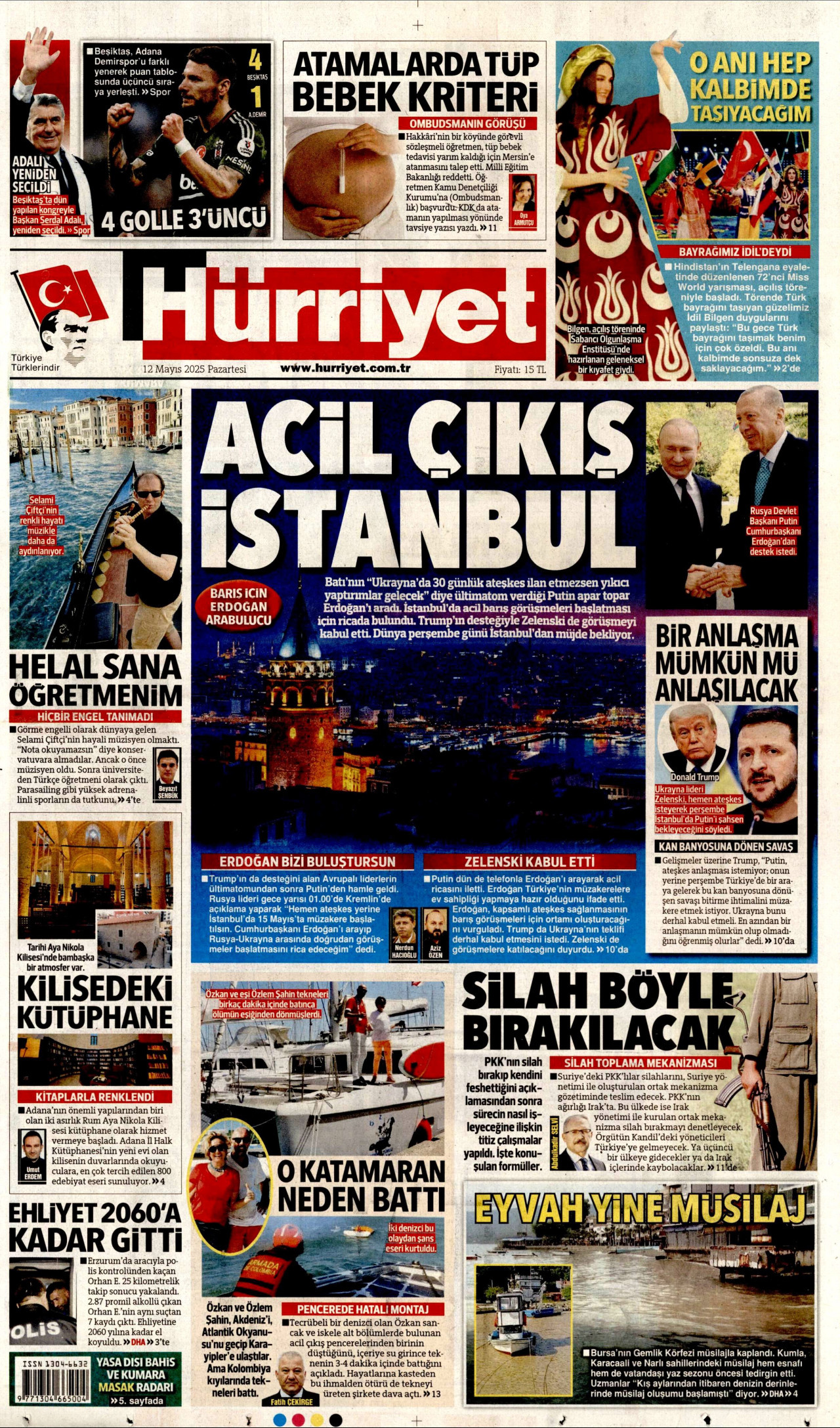 HÜRRİYET gazetesinin 12 Mayıs 2025 tarihli birinci sayfası
