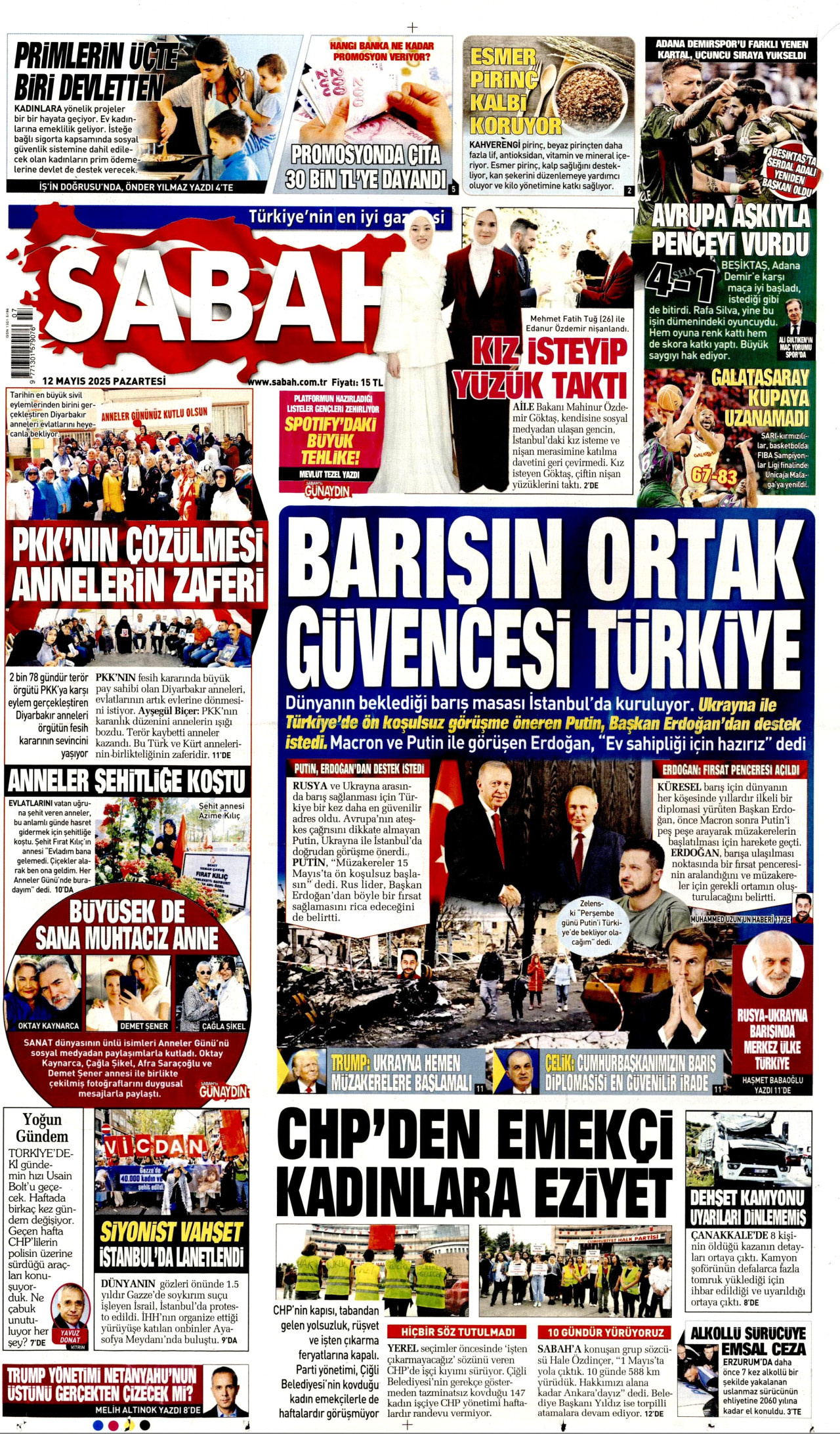 SABAH gazetesinin 12 Mayıs 2025 tarihli birinci sayfası