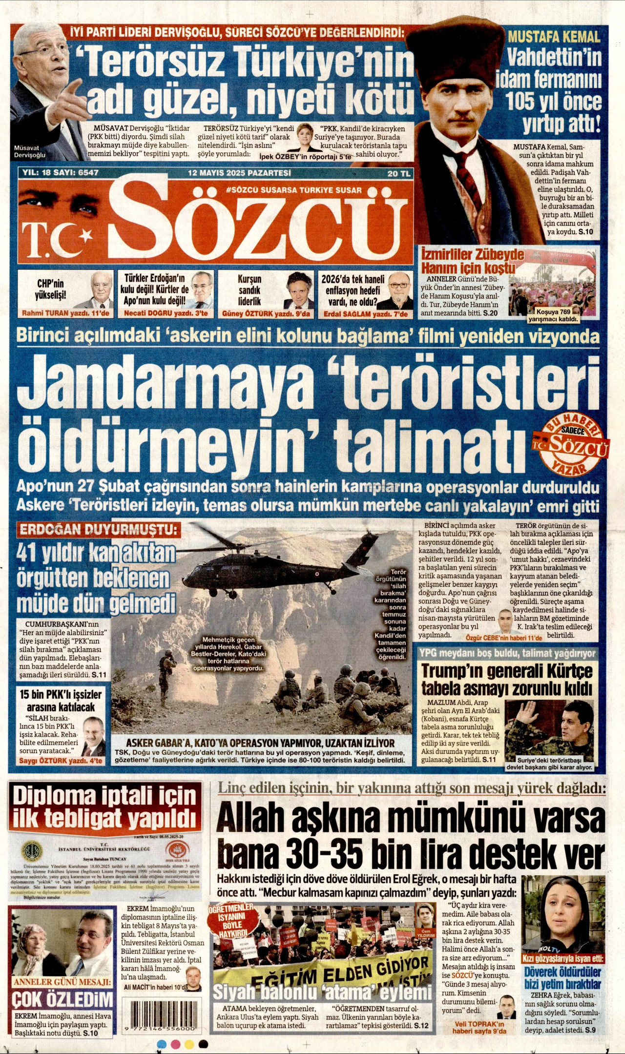 SÖZCÜ gazetesinin 12 Mayıs 2025 tarihli birinci sayfası