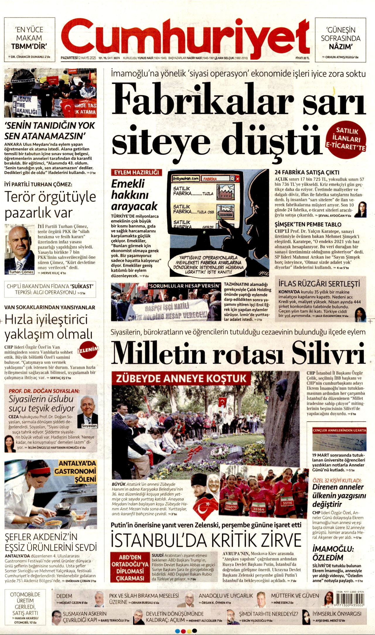 CUMHURİYET gazetesinin 12 Mayıs 2025 tarihli birinci sayfası
