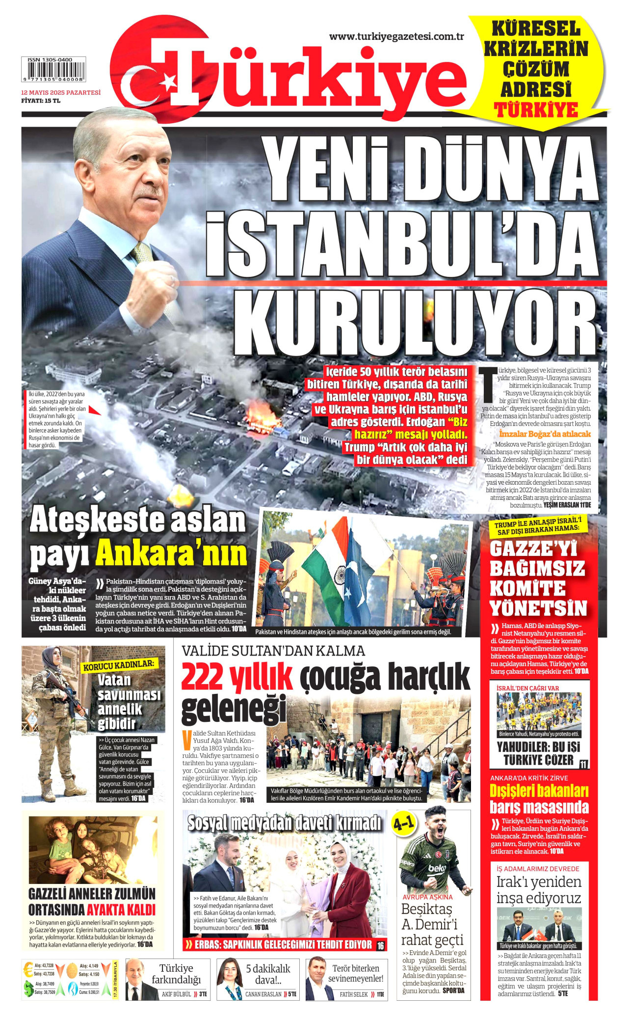 TÜRKİYE GAZETESİ gazetesinin 12 Mayıs 2025 tarihli birinci sayfası