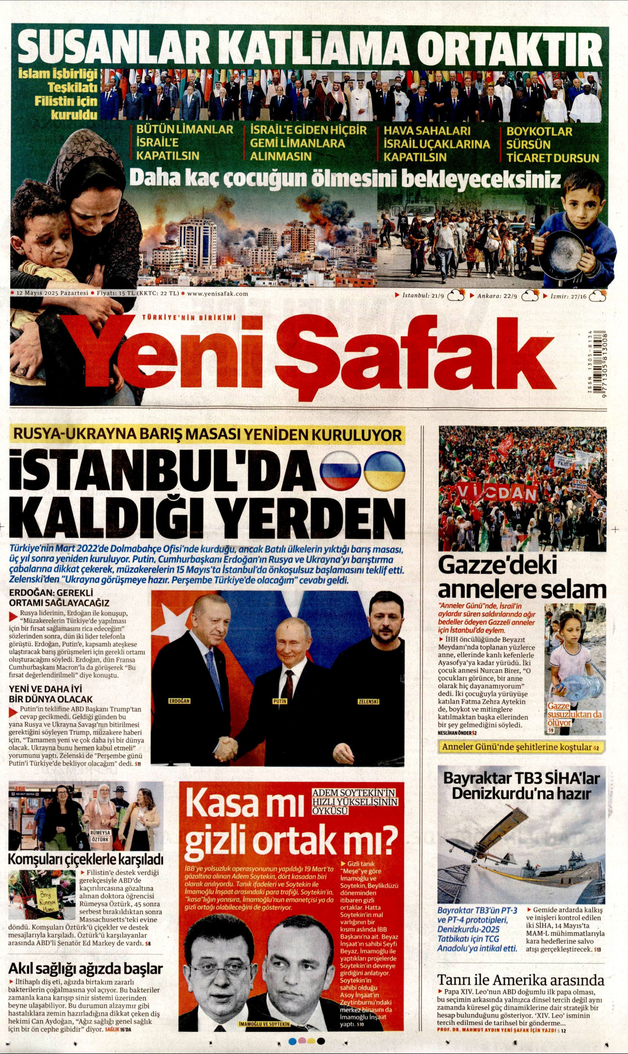 YENİ ŞAFAK gazetesinin 12 Mayıs 2025 tarihli birinci sayfası