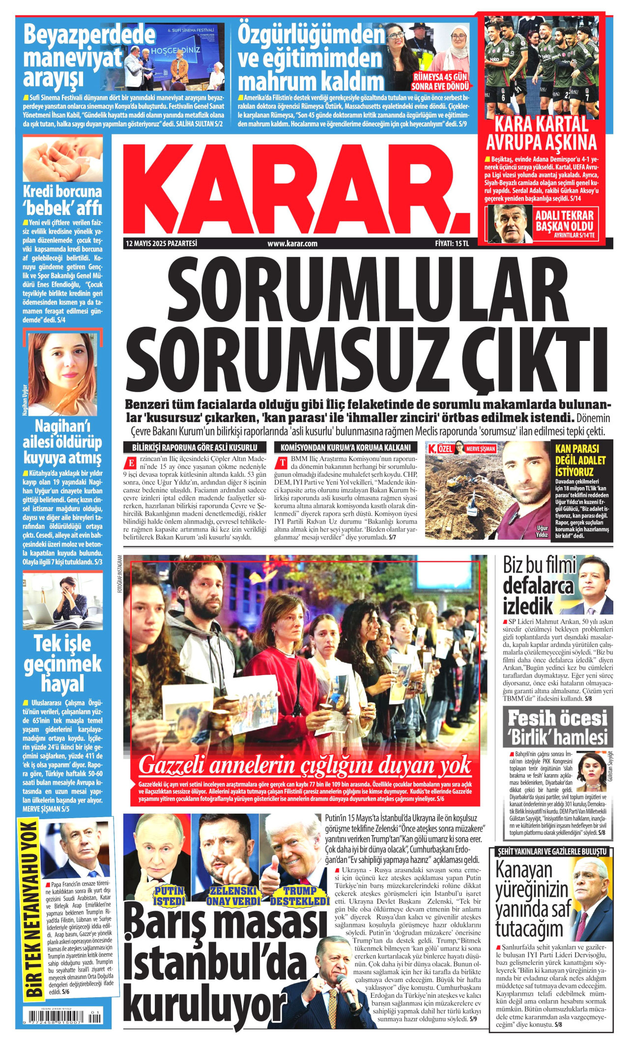 KARAR gazetesinin 12 Mayıs 2025 tarihli birinci sayfası