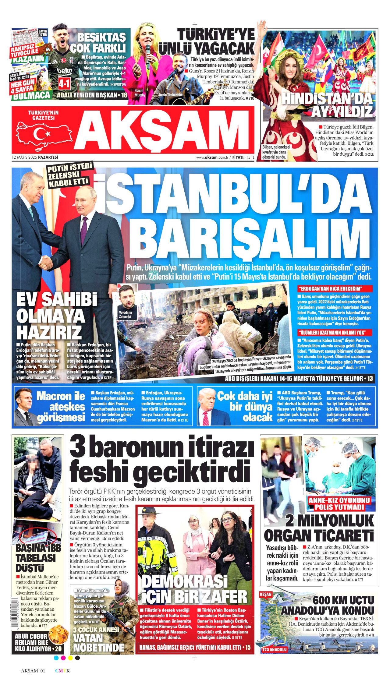 AKŞAM gazetesinin 12 Mayıs 2025 tarihli birinci sayfası