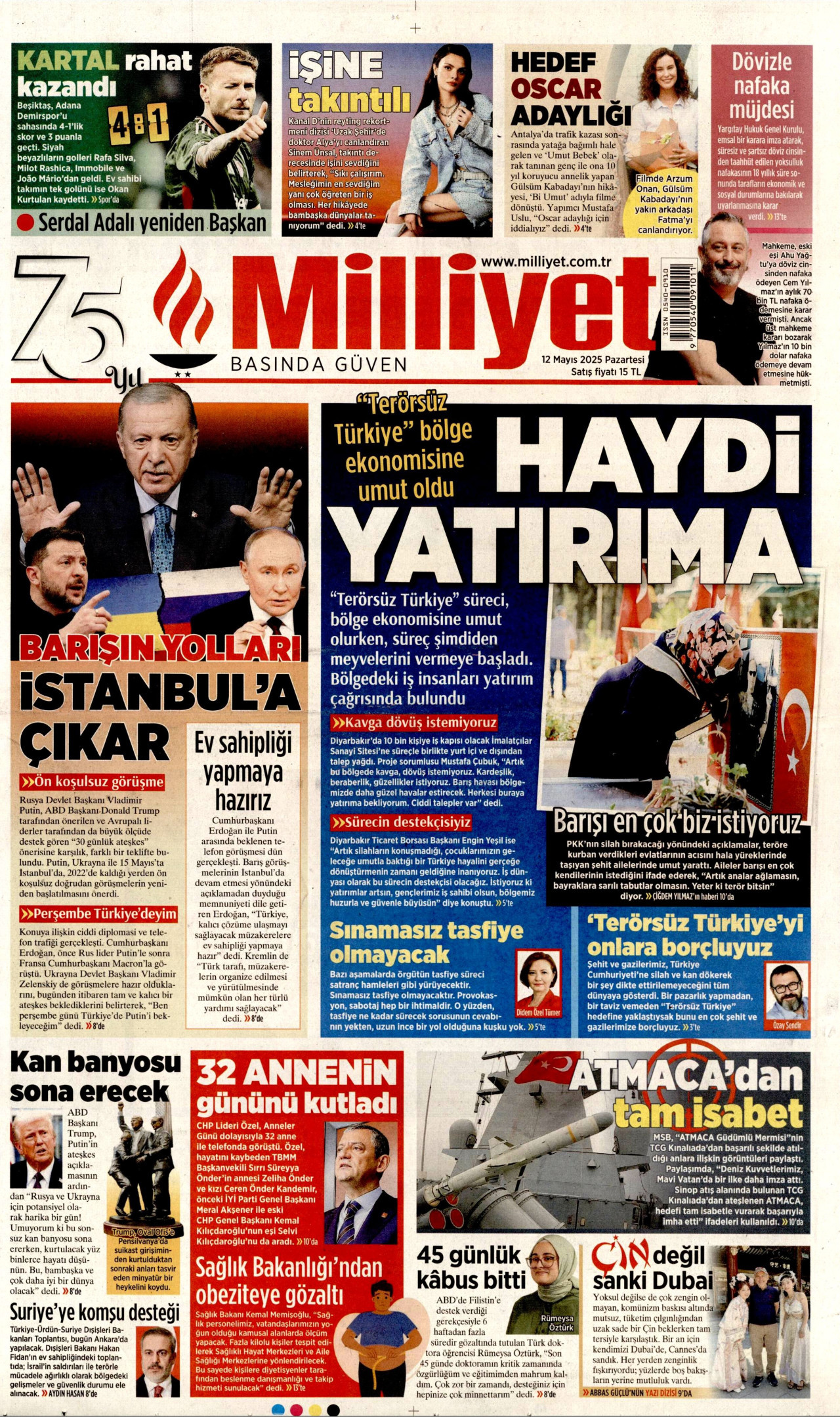 MİLLİYET gazetesinin 12 Mayıs 2025 tarihli birinci sayfası