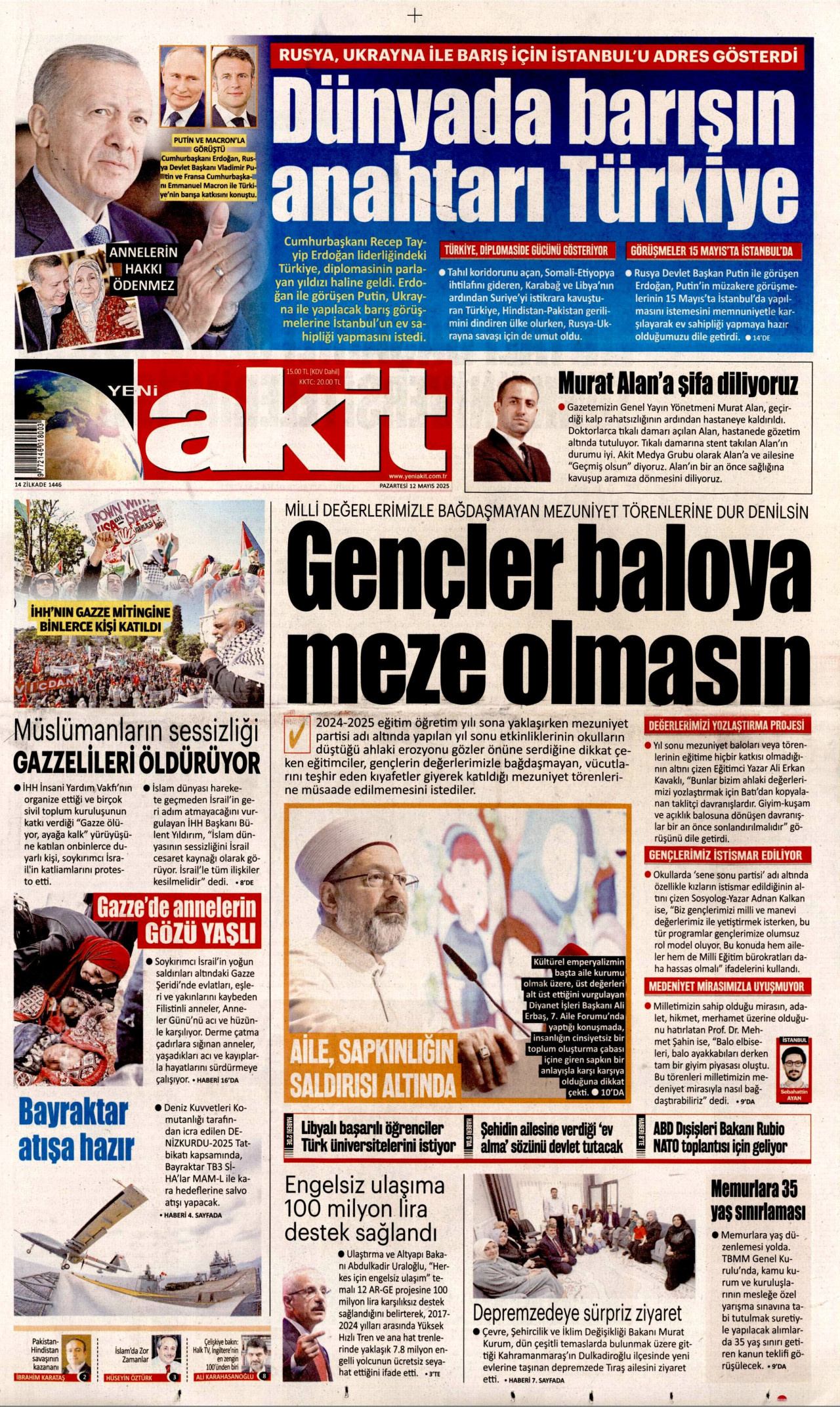 YENİ AKİT gazetesinin 12 Mayıs 2025 tarihli birinci sayfası