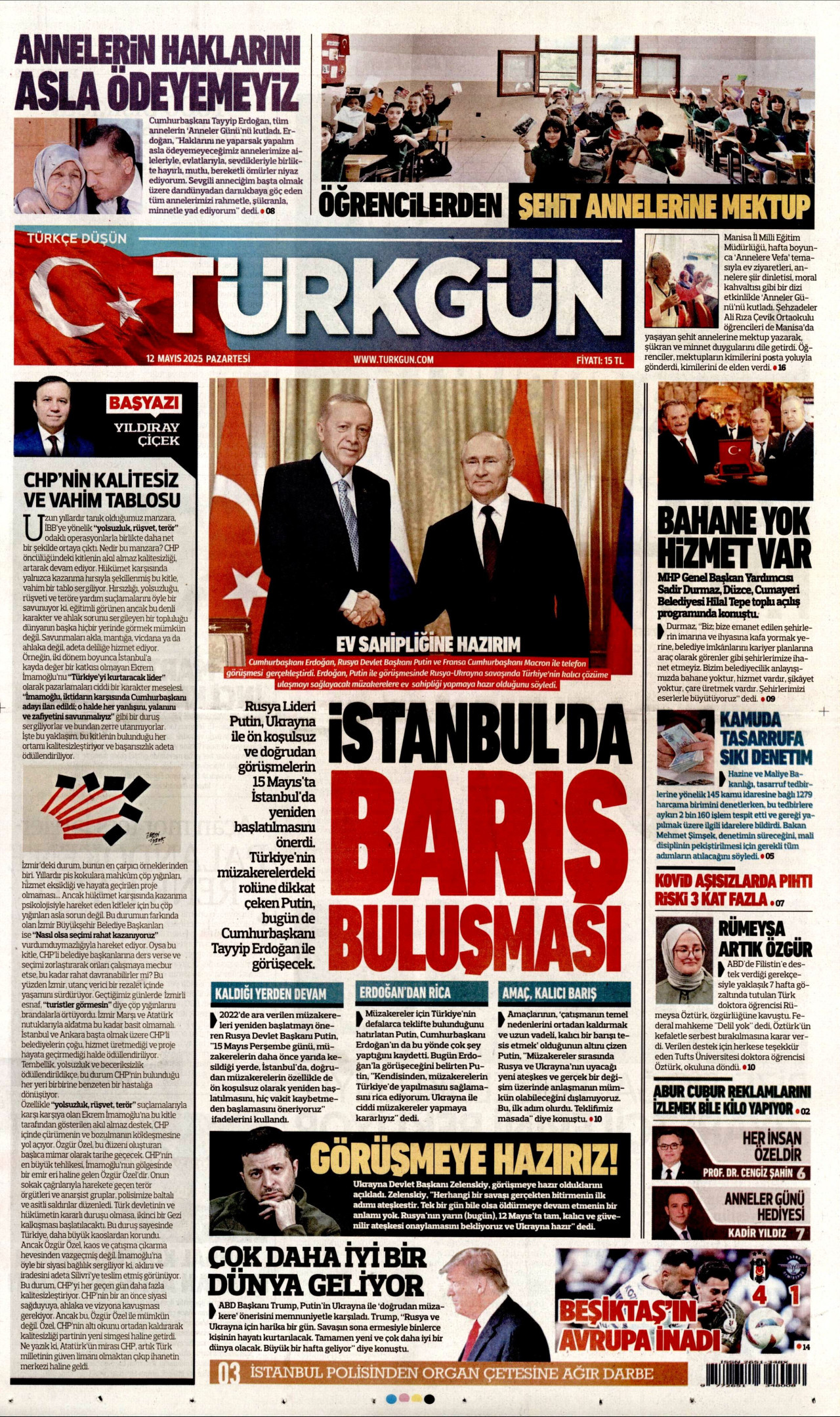 TÜRKGÜN gazetesinin 12 Mayıs 2025 tarihli birinci sayfası