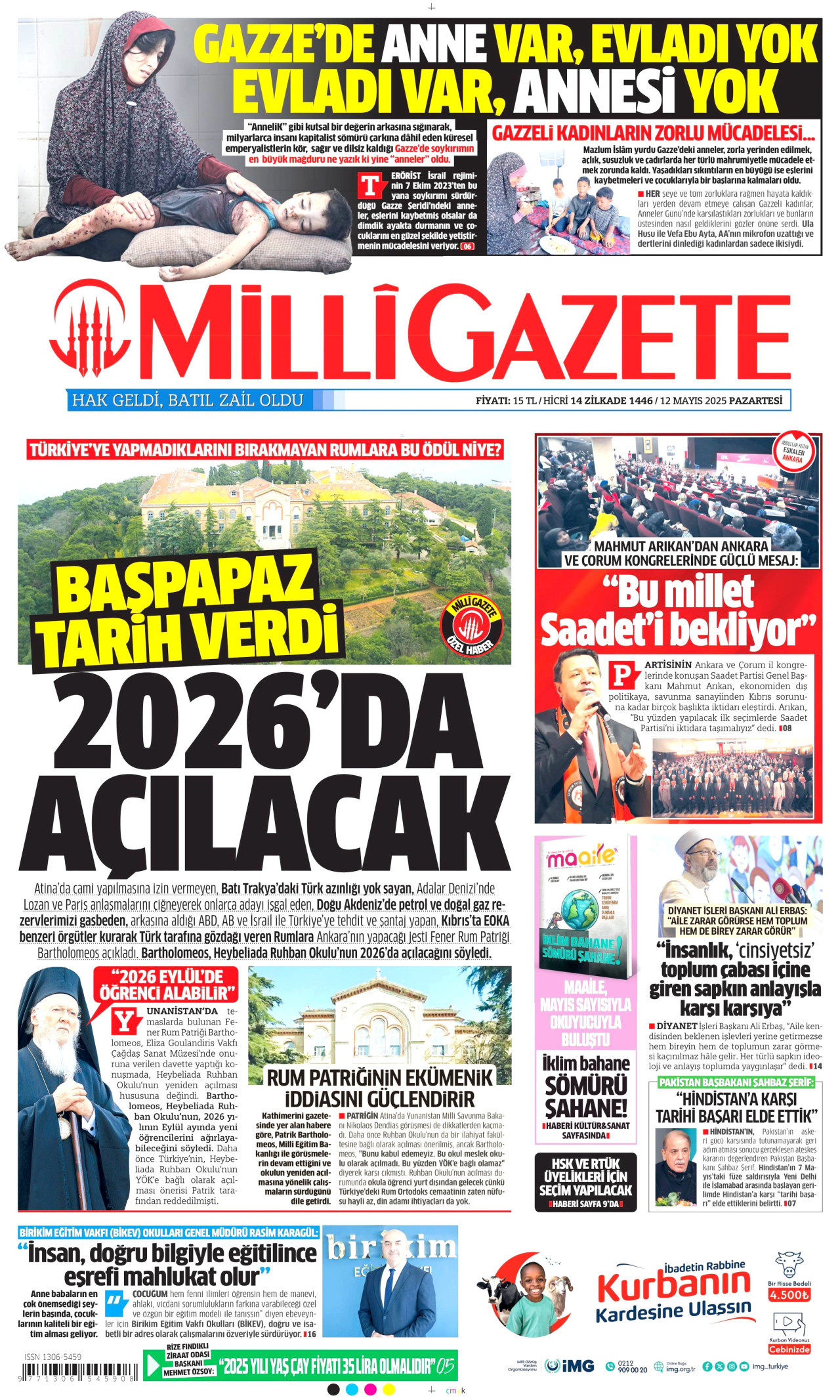 MİLLİ GAZETE gazetesinin 12 Mayıs 2025 tarihli birinci sayfası