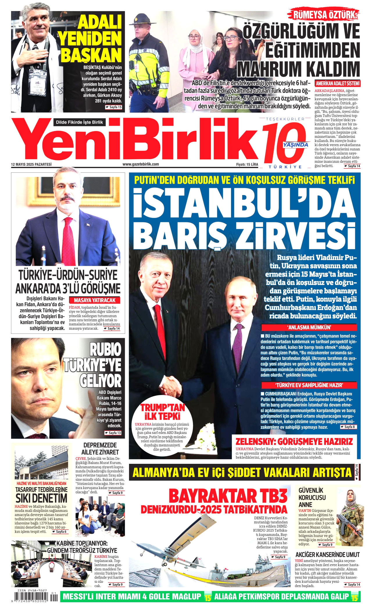 YENİBİRLİK gazetesinin 12 Mayıs 2025 tarihli birinci sayfası