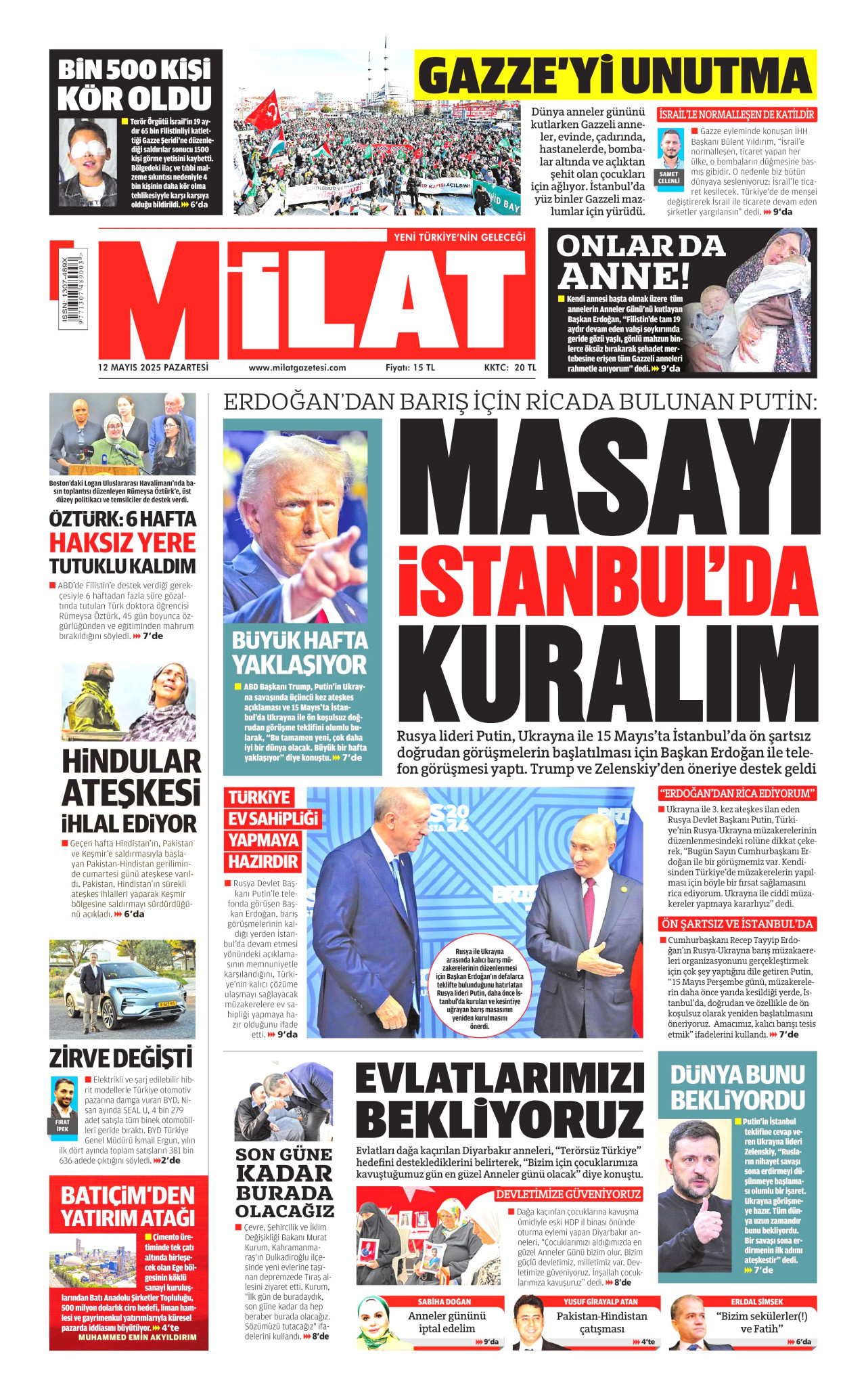 MİLAT gazetesinin 12 Mayıs 2025 tarihli birinci sayfası