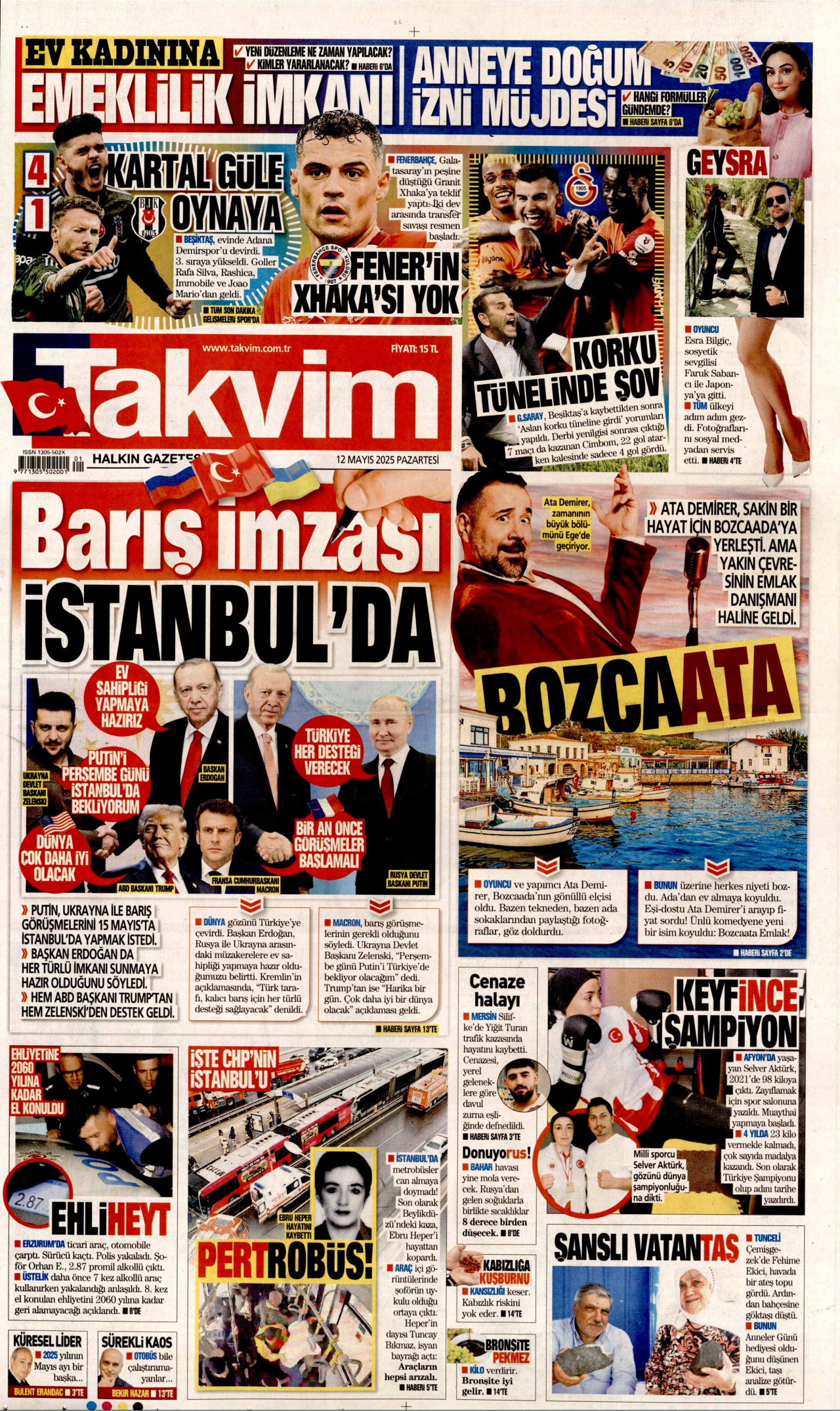 TAKVİM gazetesinin 12 Mayıs 2025 tarihli birinci sayfası
