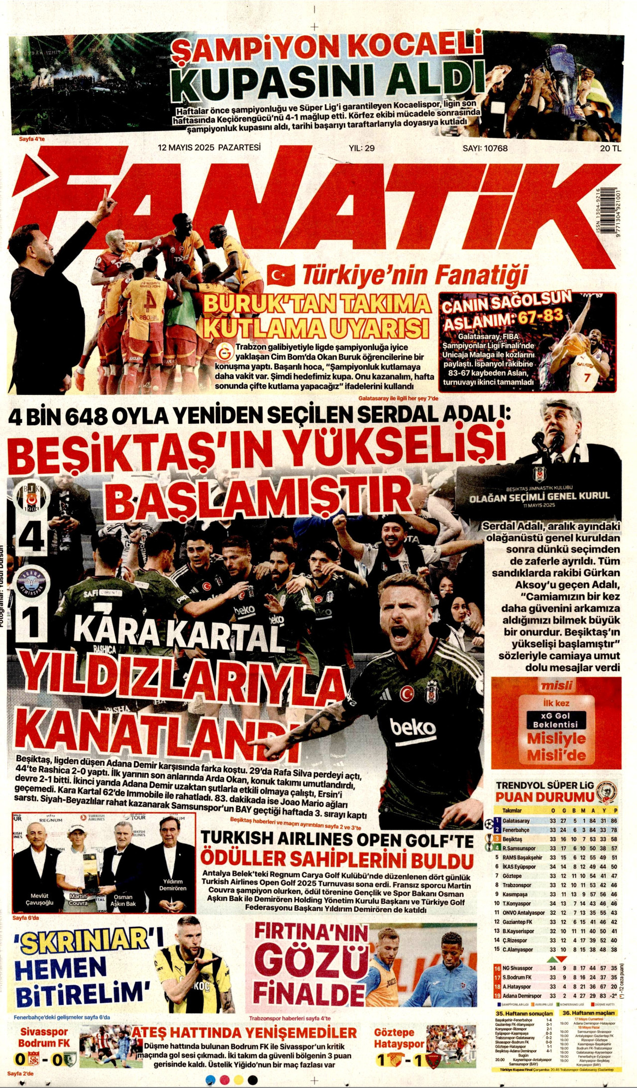 FANATİK gazetesinin 12 Mayıs 2025 tarihli birinci sayfası